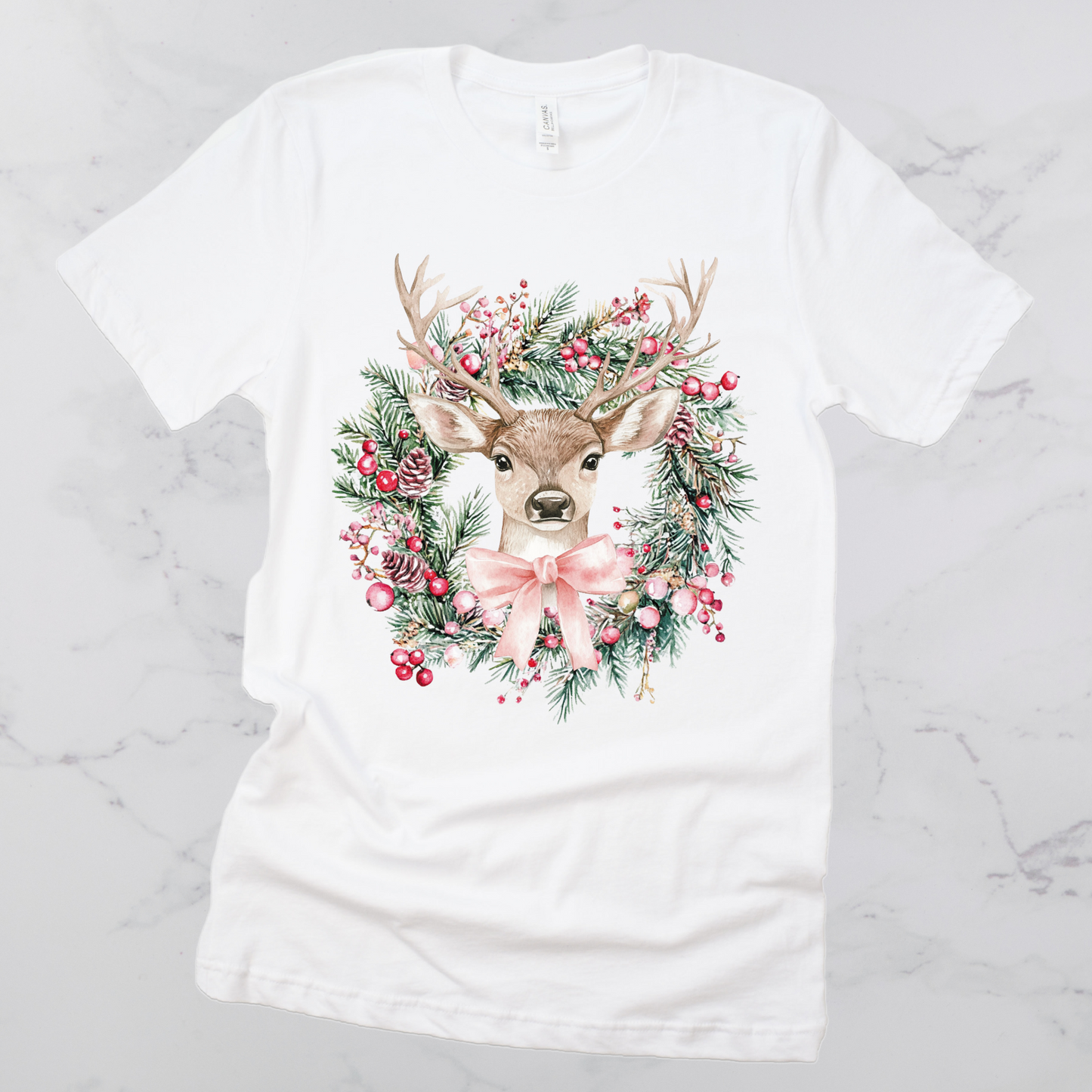 Christmas Deer Wreath Short Sleeve Graphic Tee
