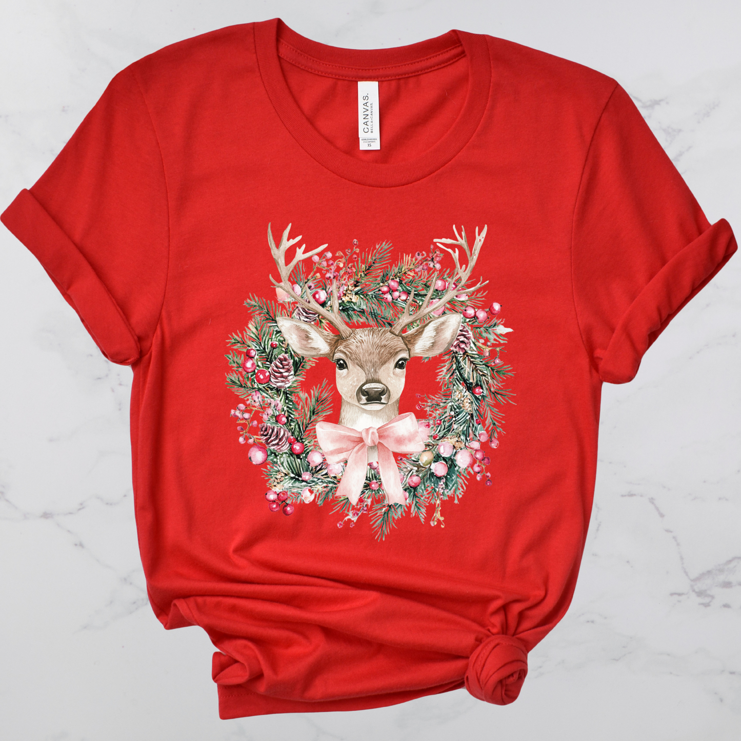 Christmas Deer Wreath Short Sleeve Graphic Tee