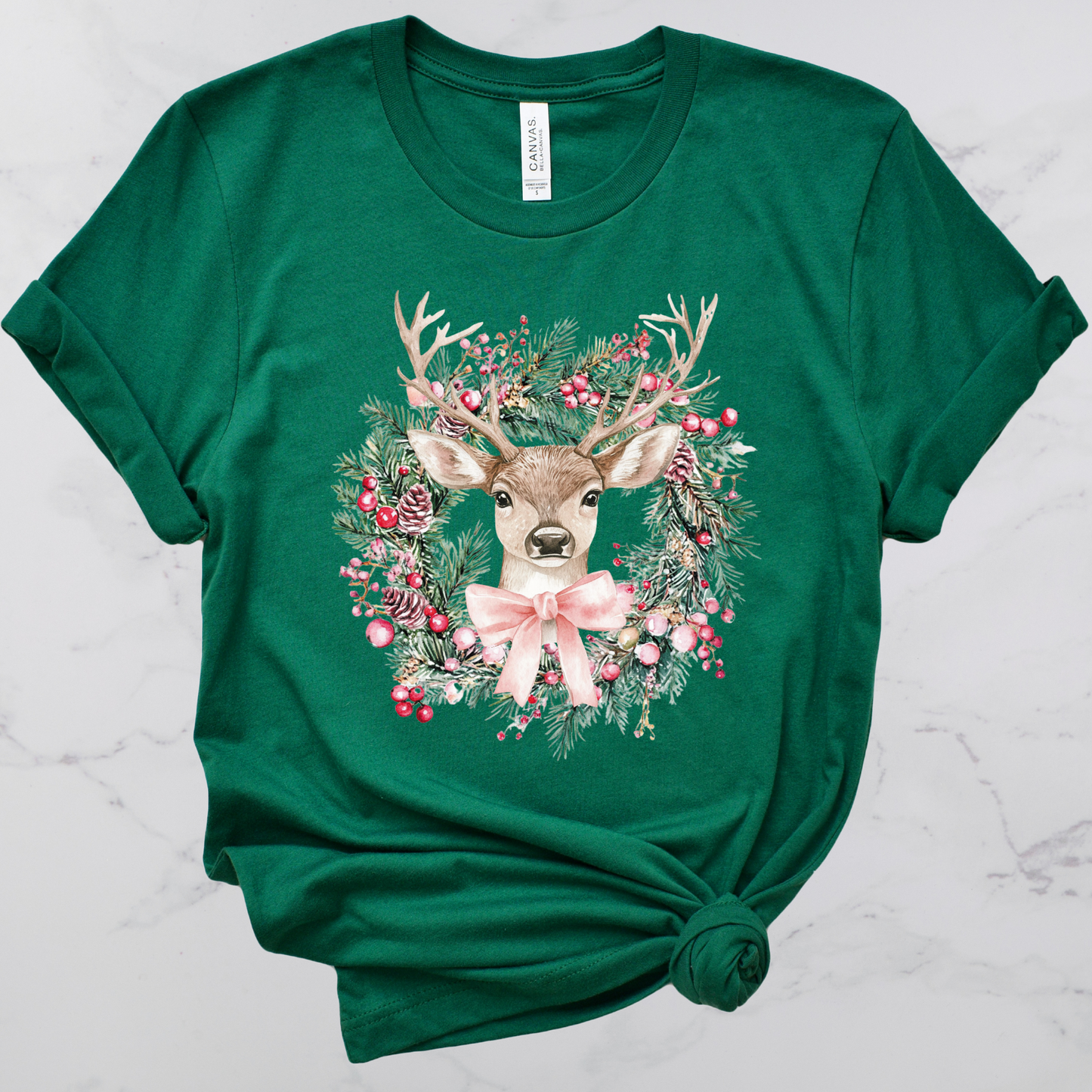 Christmas Deer Wreath Short Sleeve Graphic Tee