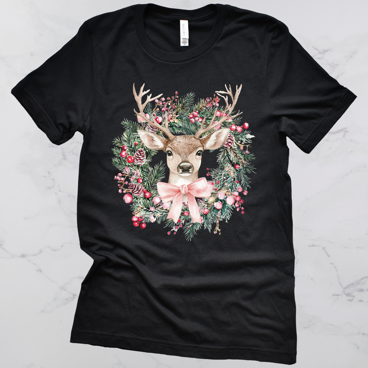 Christmas Deer Wreath Short Sleeve Graphic Tee