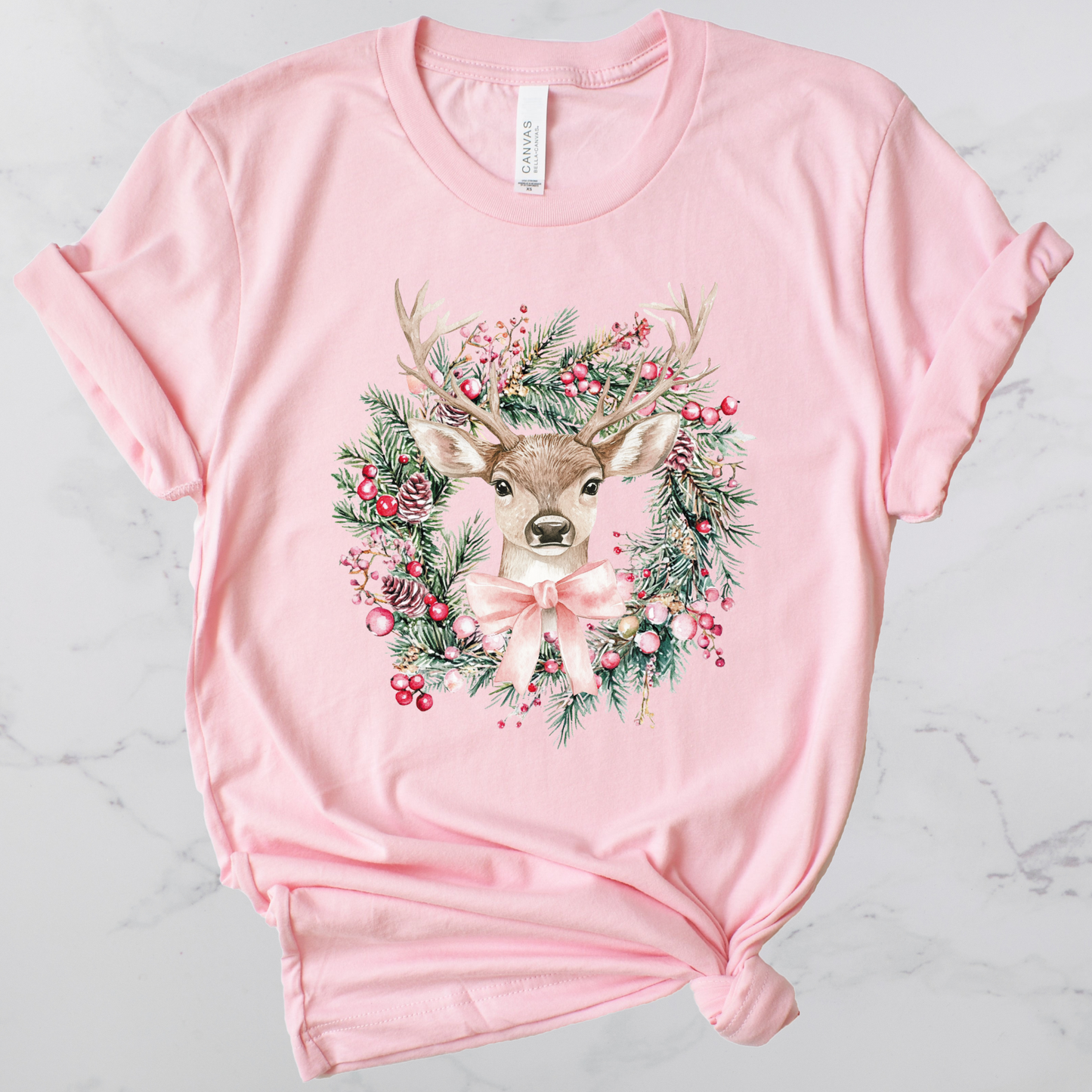 Christmas Deer Wreath Short Sleeve Graphic Tee