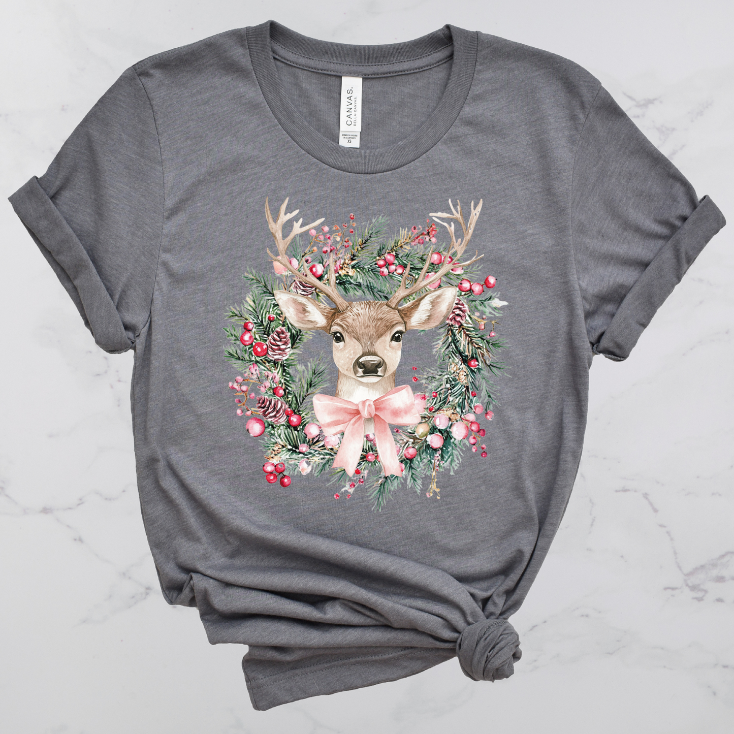 Christmas Deer Wreath Short Sleeve Graphic Tee