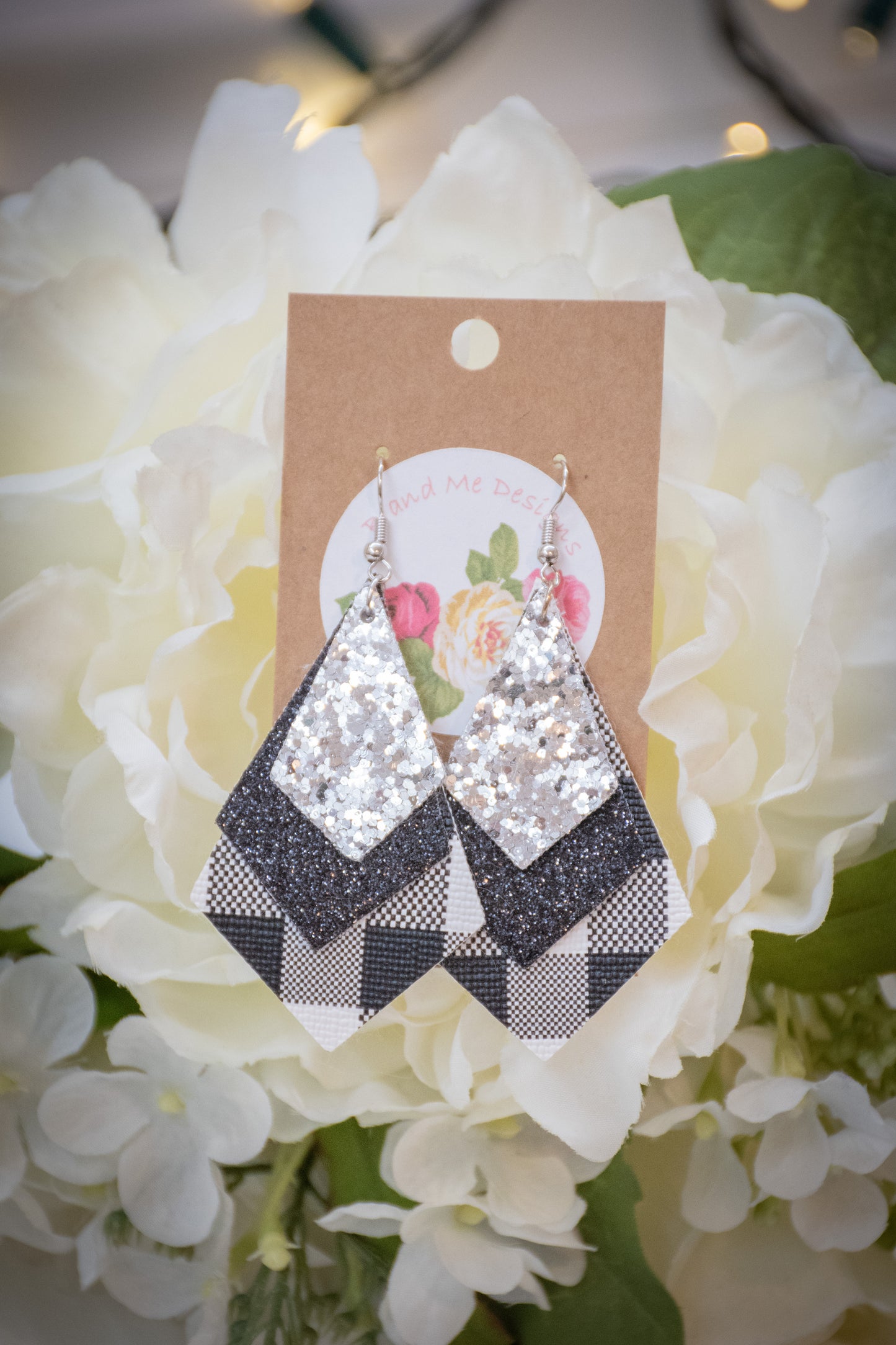 Faux Leather Earring Black Glitter, Silver Glitter & Black and White Buffalo Diamond Design