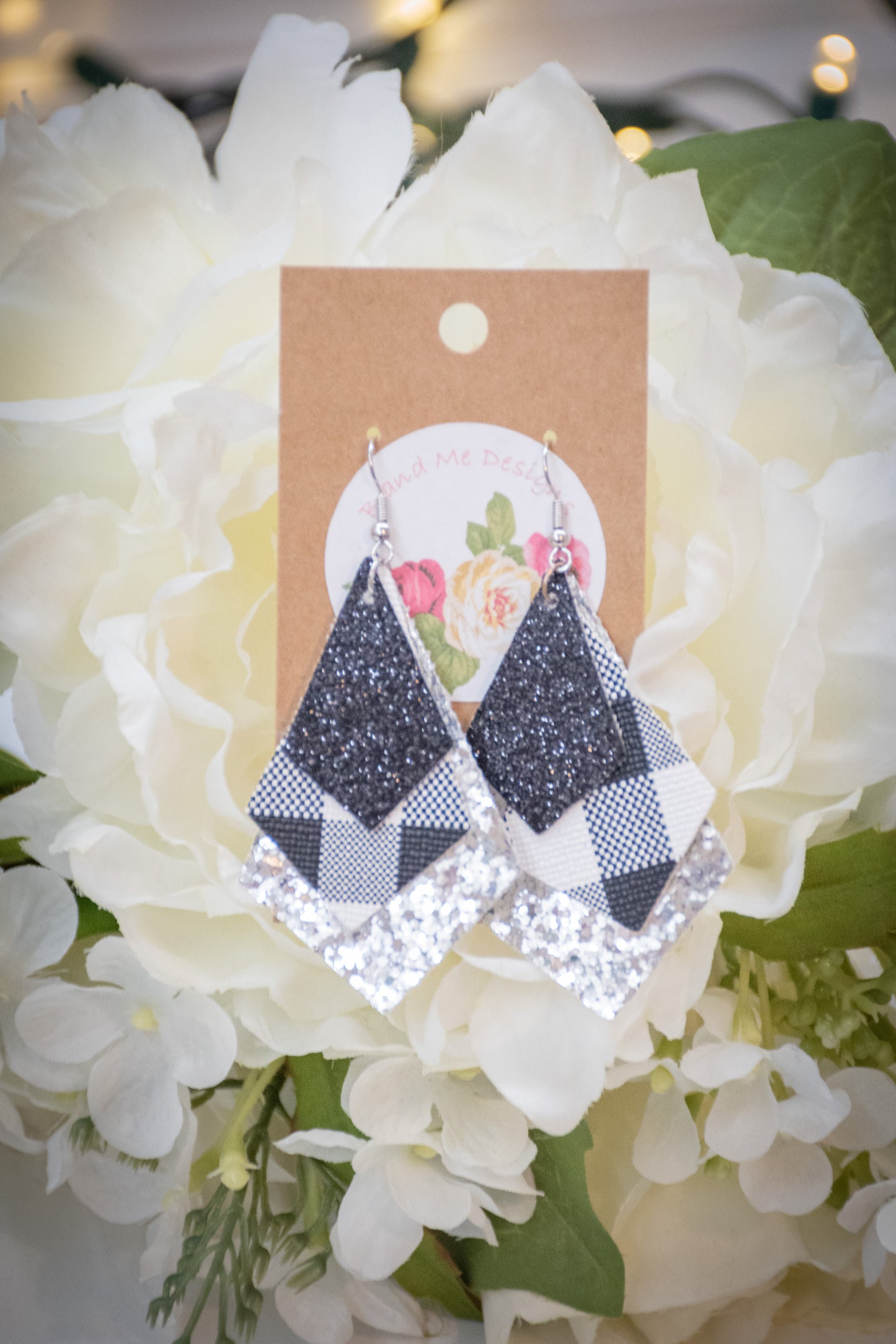 Faux Leather Earring Black Glitter, Silver Glitter & Black and White Buffalo Diamond Design