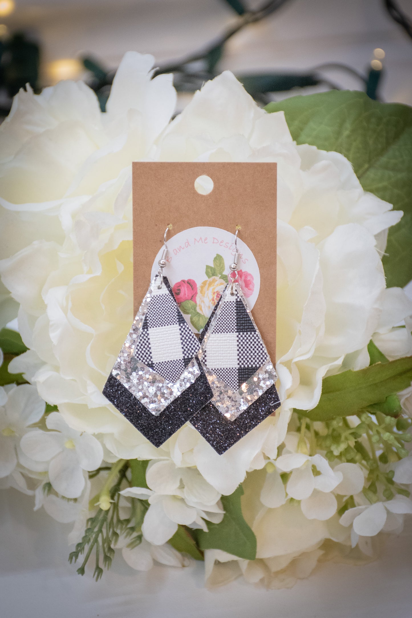 Faux Leather Earring Black Glitter, Silver Glitter & Black and White Buffalo Diamond Design