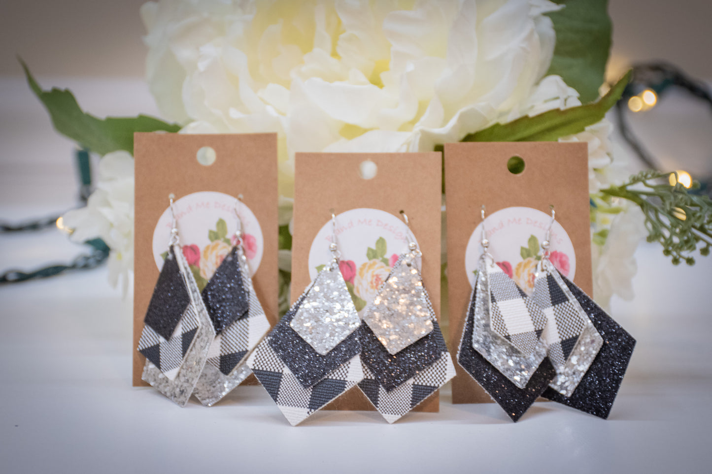 Faux Leather Earring Black Glitter, Silver Glitter & Black and White Buffalo Diamond Design