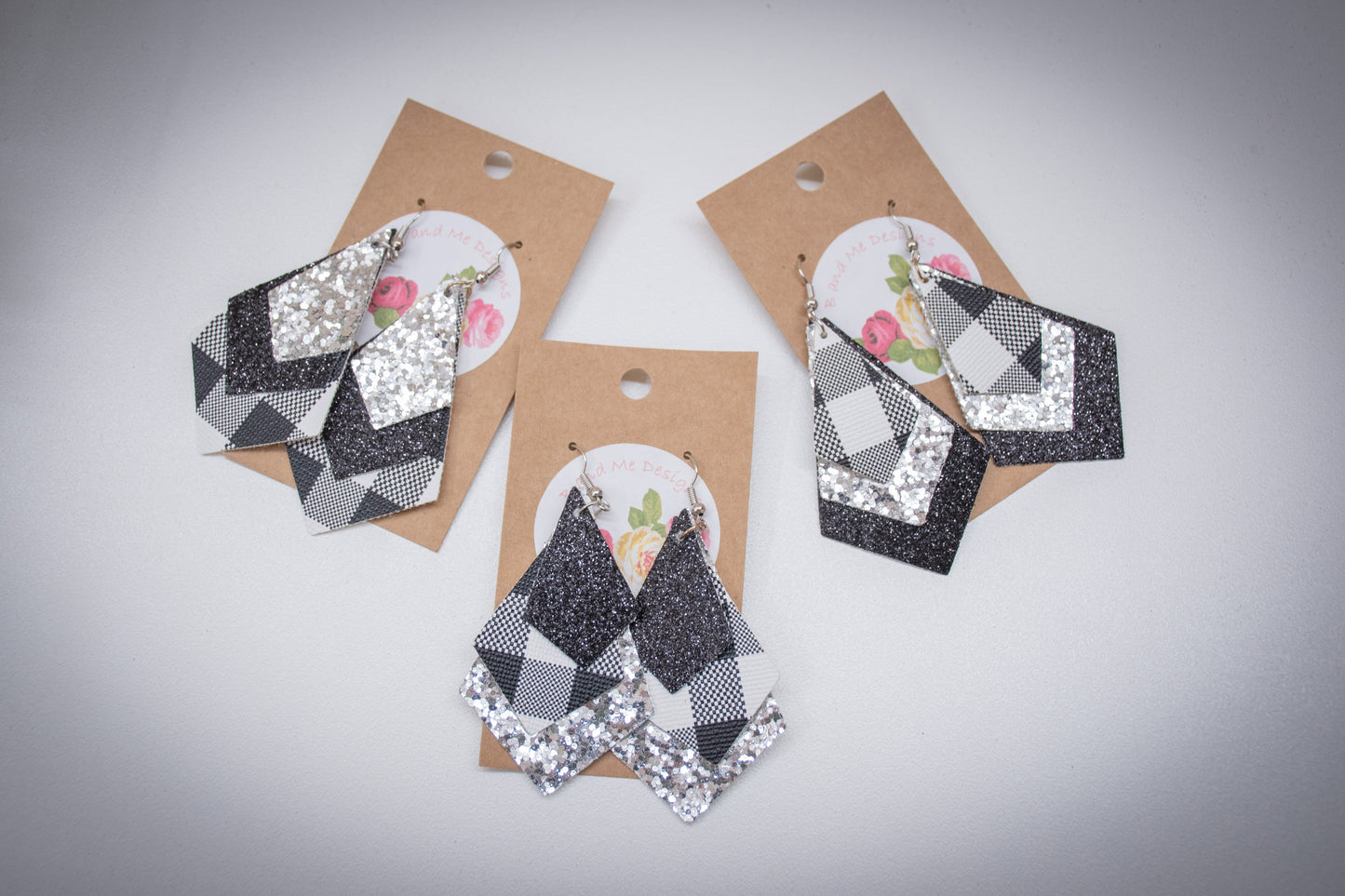 Faux Leather Earring Black Glitter, Silver Glitter & Black and White Buffalo Diamond Design