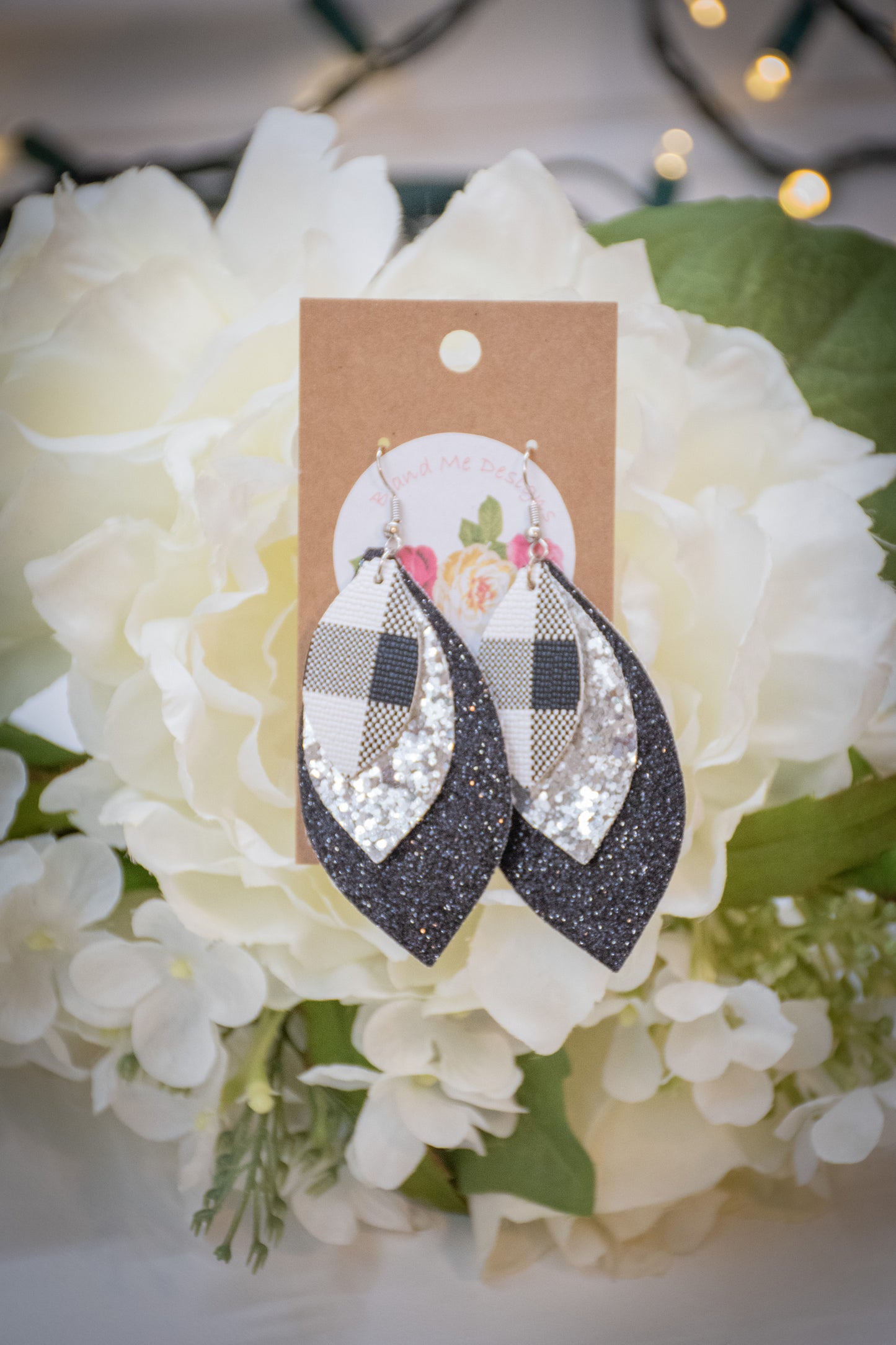 Faux Leather Earring Black Glitter, Silver Glitter & Black and White Buffalo Leaf Design