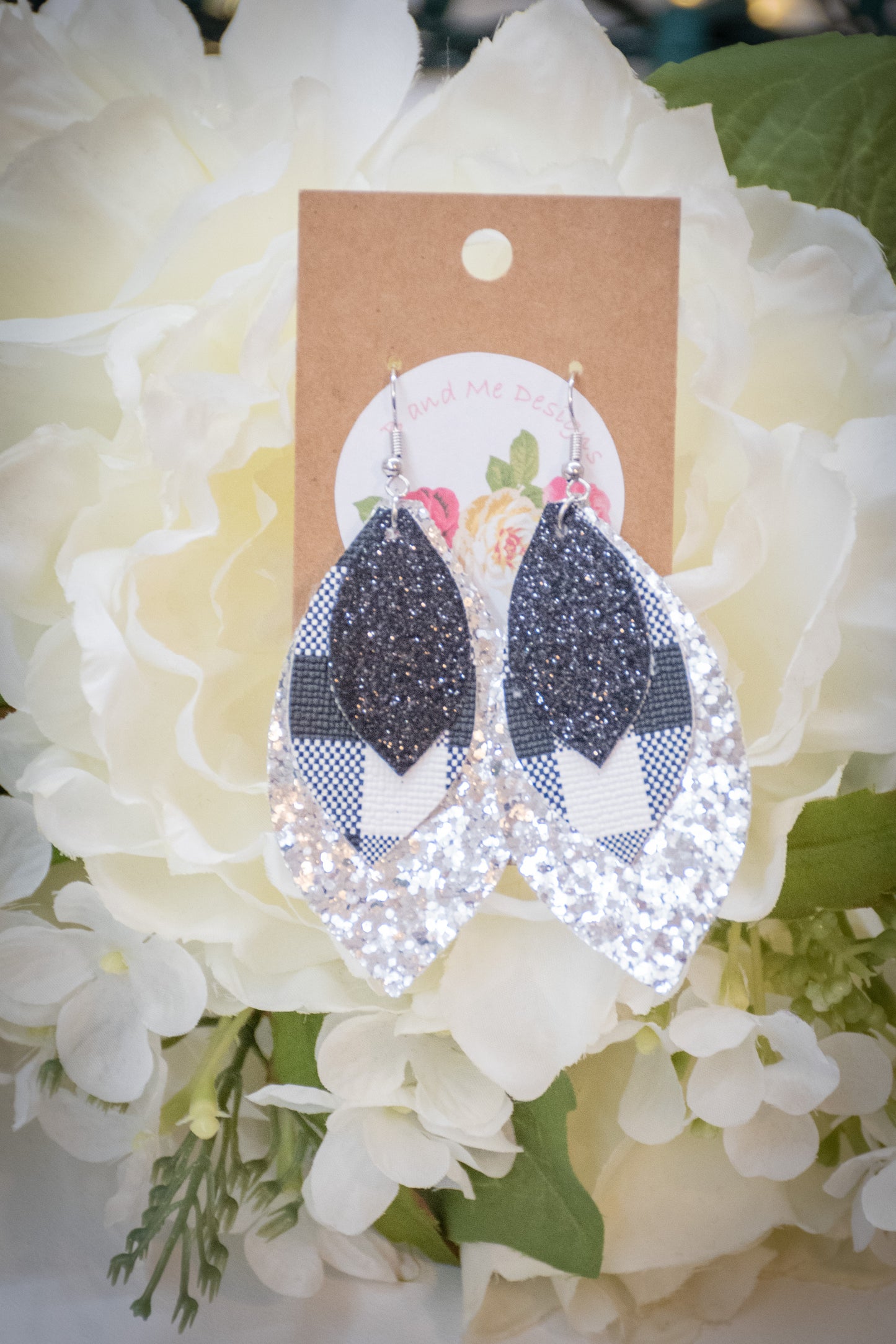 Faux Leather Earring Black Glitter, Silver Glitter & Black and White Buffalo Leaf Design
