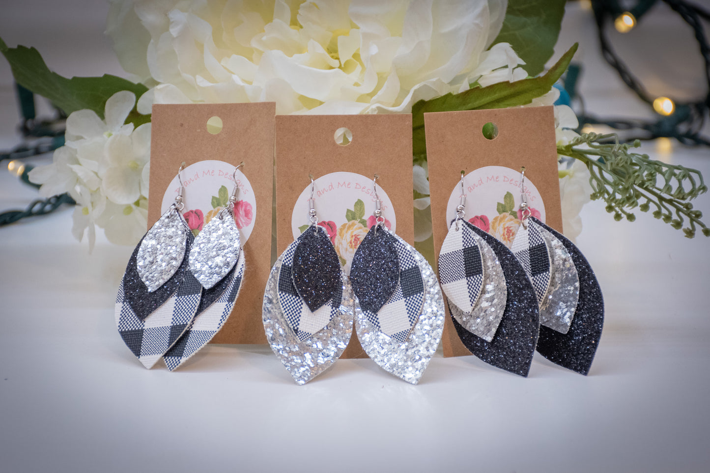 Faux Leather Earring Black Glitter, Silver Glitter & Black and White Buffalo Leaf Design