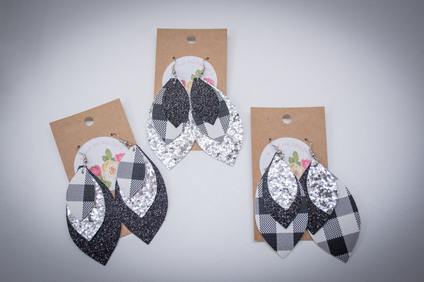Faux Leather Earring Black Glitter, Silver Glitter & Black and White Buffalo Leaf Design