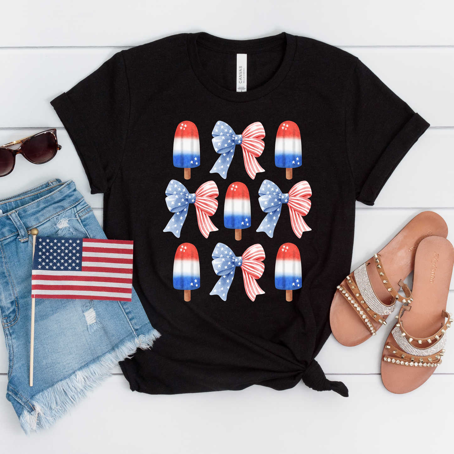 Patriotic Popsicle & Bow Short Sleeve Graphic Tee
