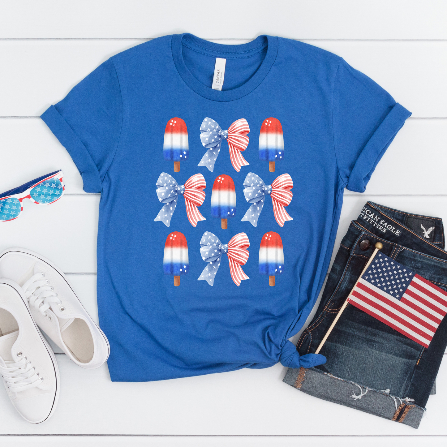 Patriotic Popsicle & Bow Short Sleeve Graphic Tee