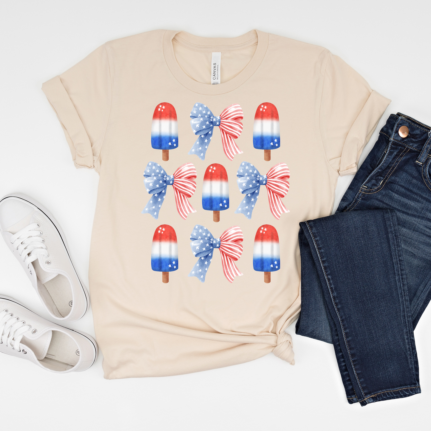 Patriotic Popsicle & Bow Short Sleeve Graphic Tee