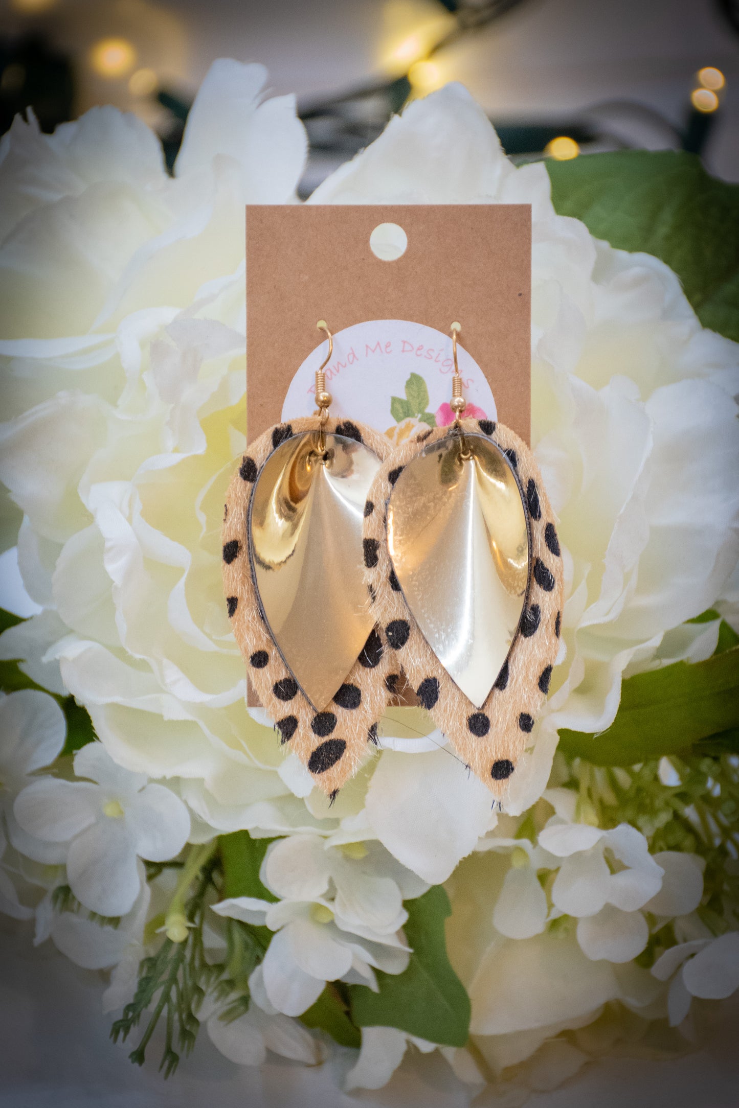 Faux Leather Earring Cheetah Patter & Solid Gold Petal Design