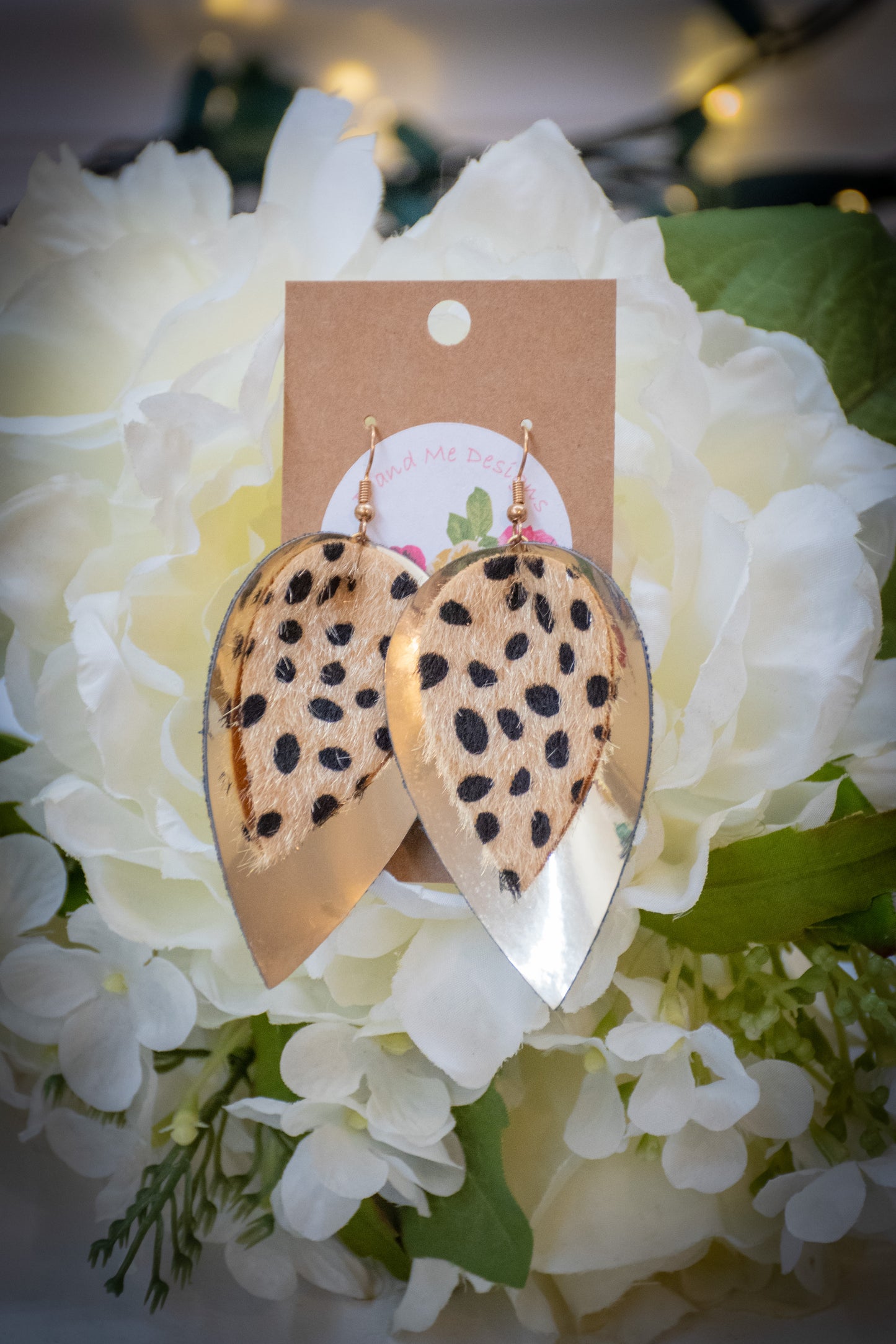 Faux Leather Earring Cheetah Patter & Solid Gold Petal Design