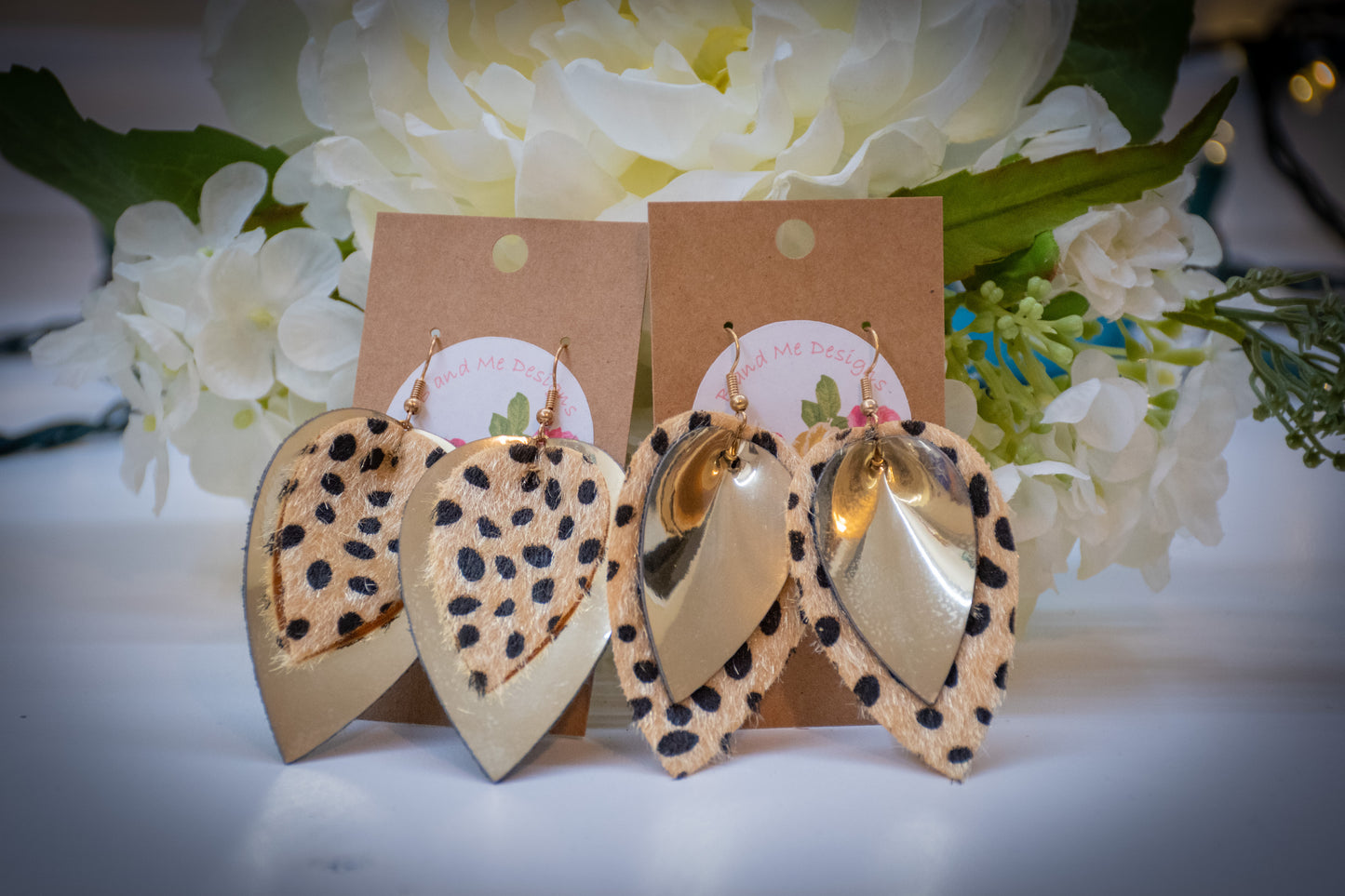 Faux Leather Earring Cheetah Patter & Solid Gold Petal Design