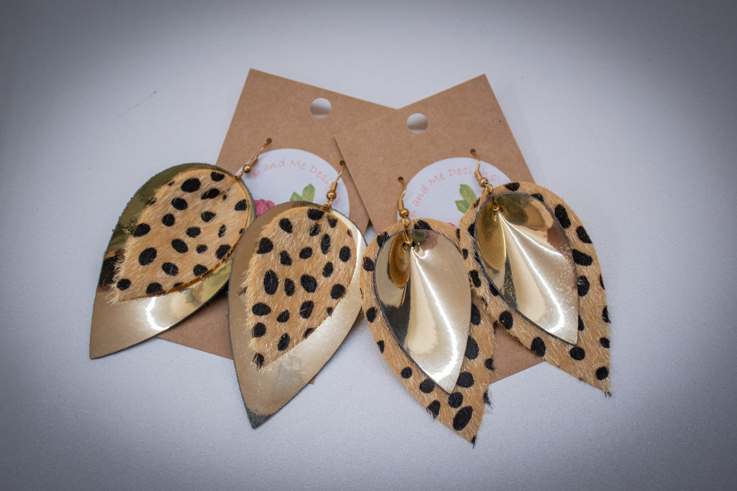 Faux Leather Earring Cheetah Patter & Solid Gold Petal Design