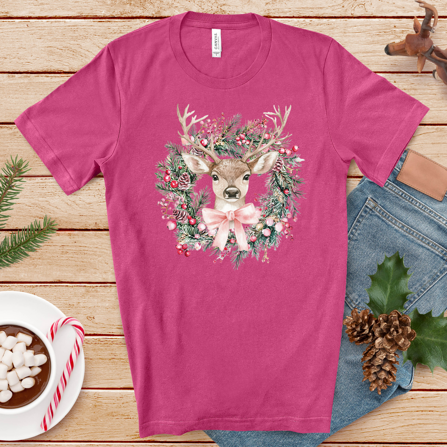 Christmas Deer Wreath T-Shirt – Cute Holiday Reindeer Tee with Festive Bow & Berries