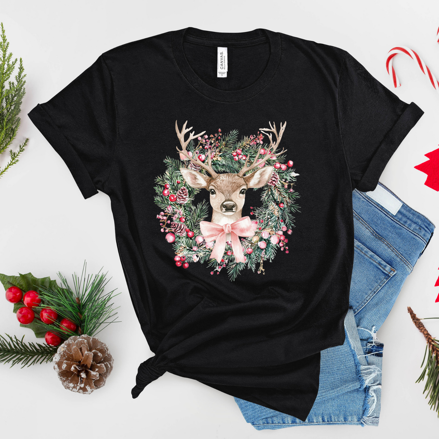 Christmas Deer Wreath T-Shirt – Cute Holiday Reindeer Tee with Festive Bow & Berries