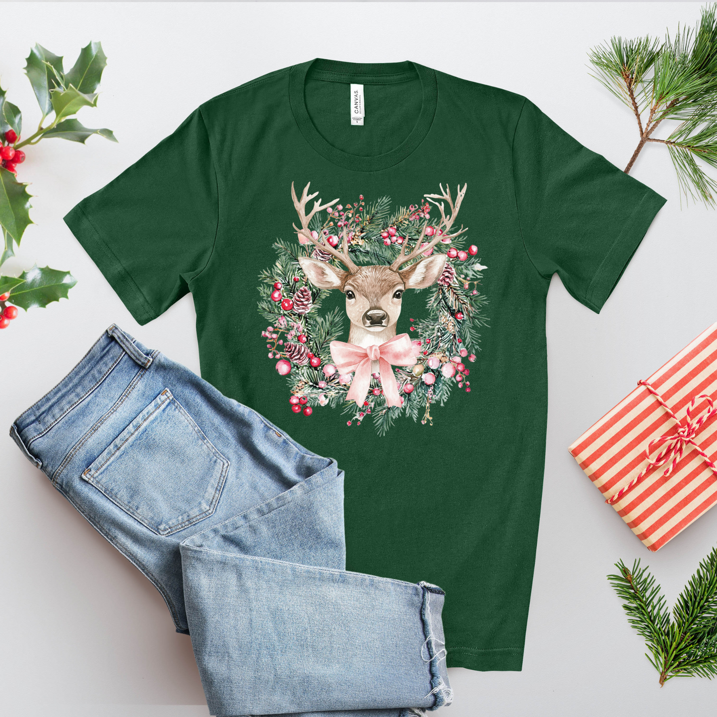 Christmas Deer Wreath T-Shirt – Cute Holiday Reindeer Tee with Festive Bow & Berries