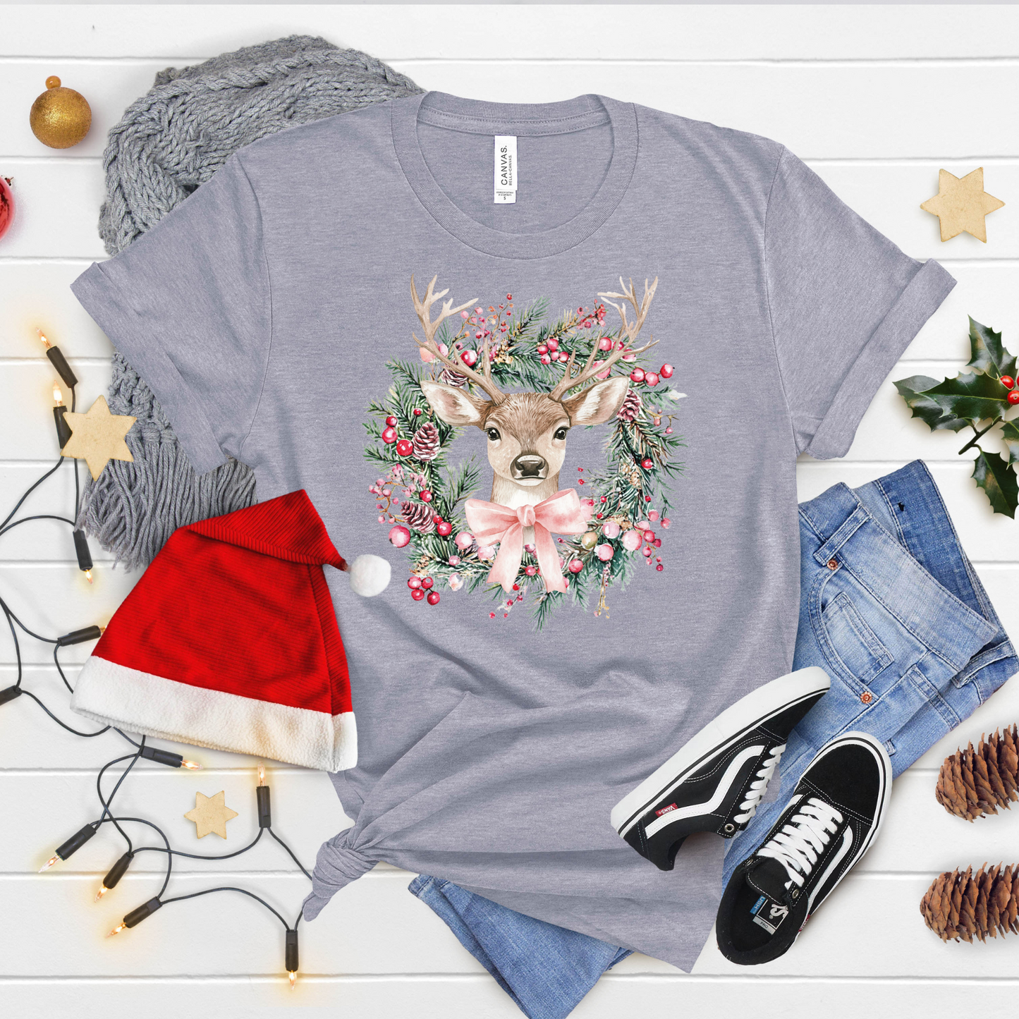 Christmas Deer Wreath T-Shirt – Cute Holiday Reindeer Tee with Festive Bow & Berries