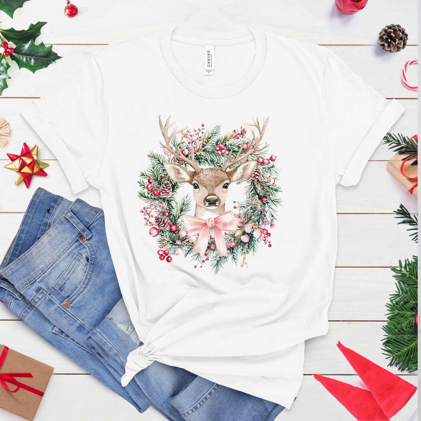 Christmas Deer Wreath T-Shirt – Cute Holiday Reindeer Tee with Festive Bow & Berries