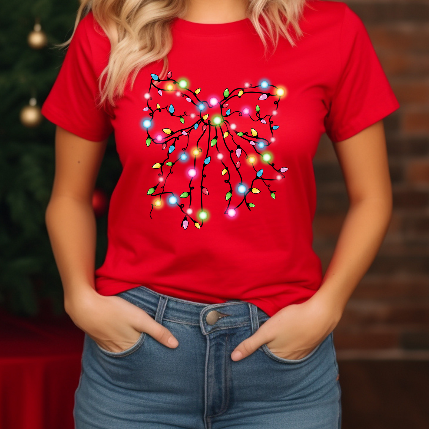 Christmas Lights Bow T-Shirt – Festive Holiday Graphic Tee