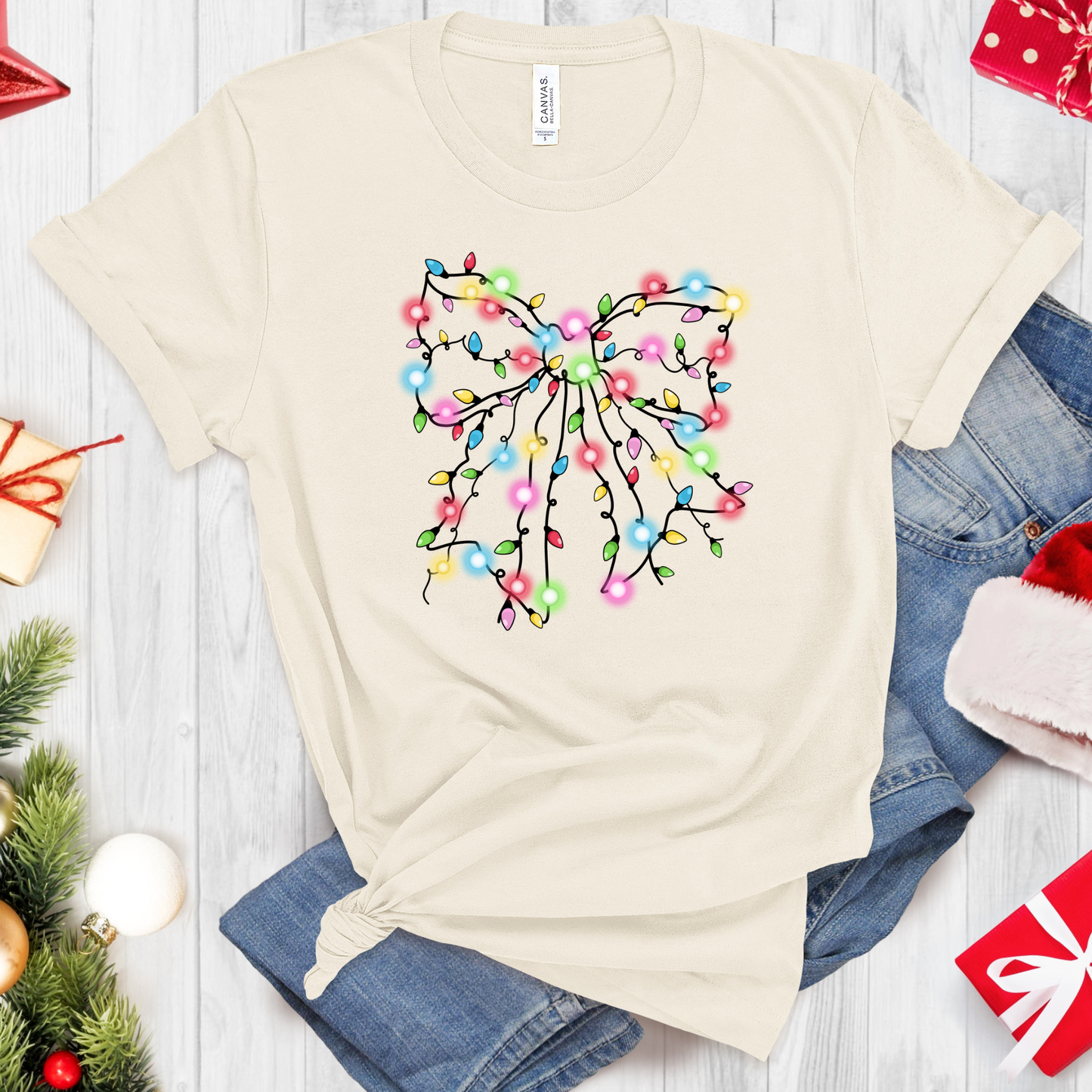 Christmas Lights Bow T-Shirt – Festive Holiday Graphic Tee