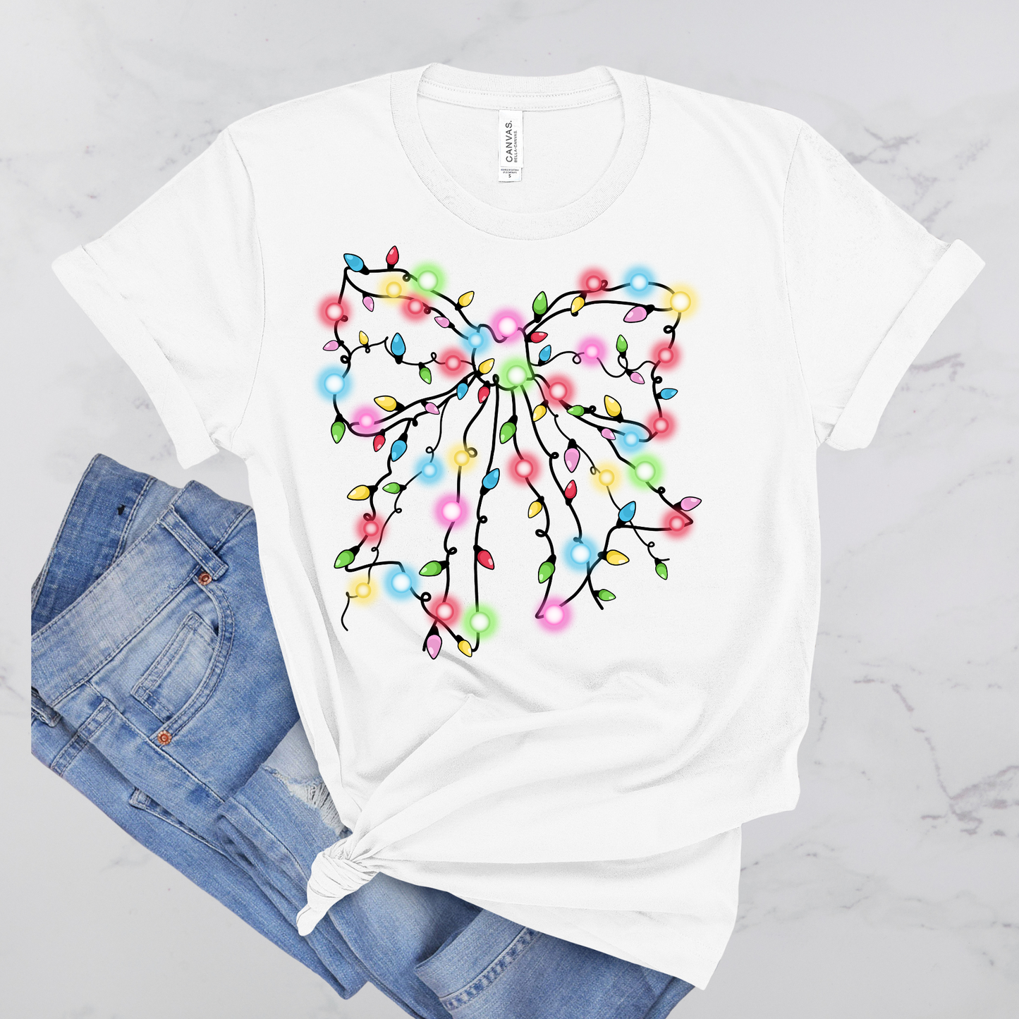 Christmas Lights Bow T-Shirt – Festive Holiday Graphic Tee
