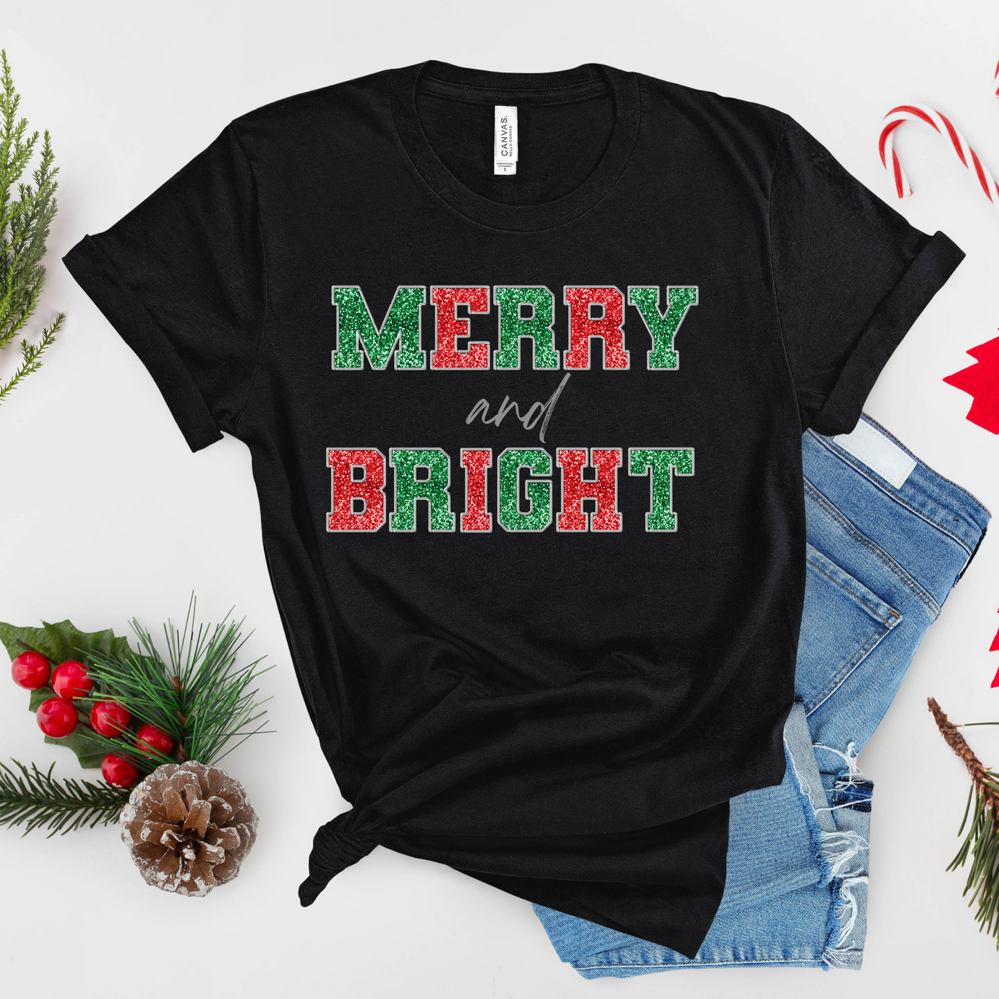 Merry & Bright Glitter Christmas T-Shirt – Holiday Graphic Tee