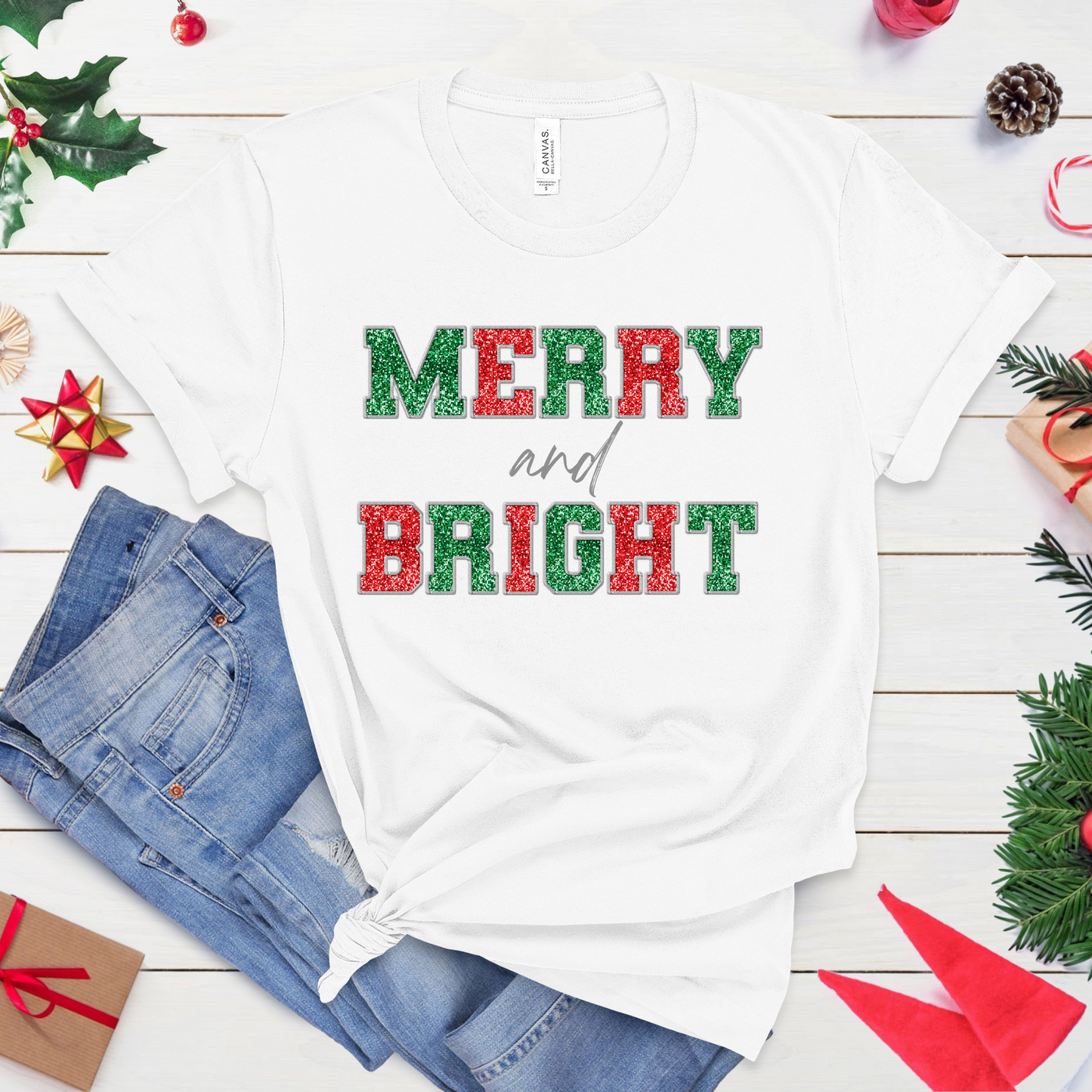 Merry & Bright Glitter Christmas T-Shirt – Holiday Graphic Tee