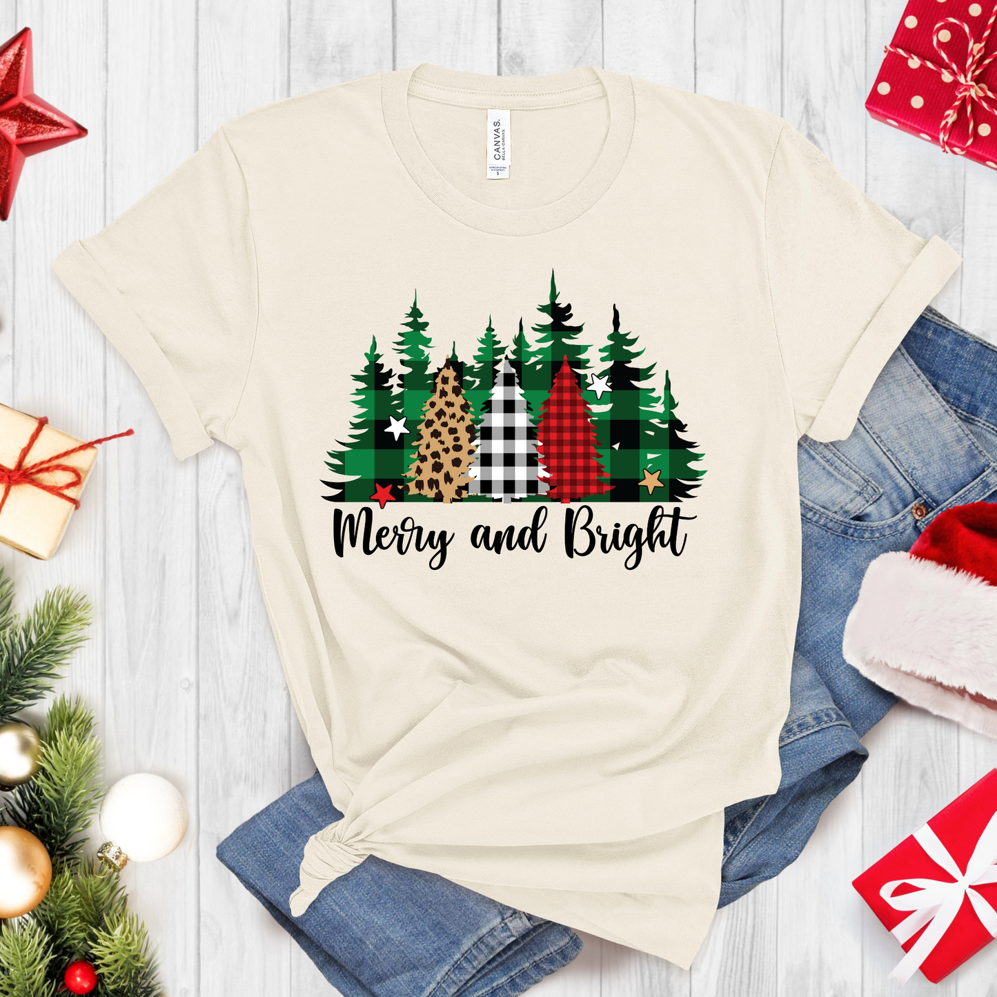 Merry & Bright Trees T-Shirt – Christmas Short Sleeve Graphic Tee