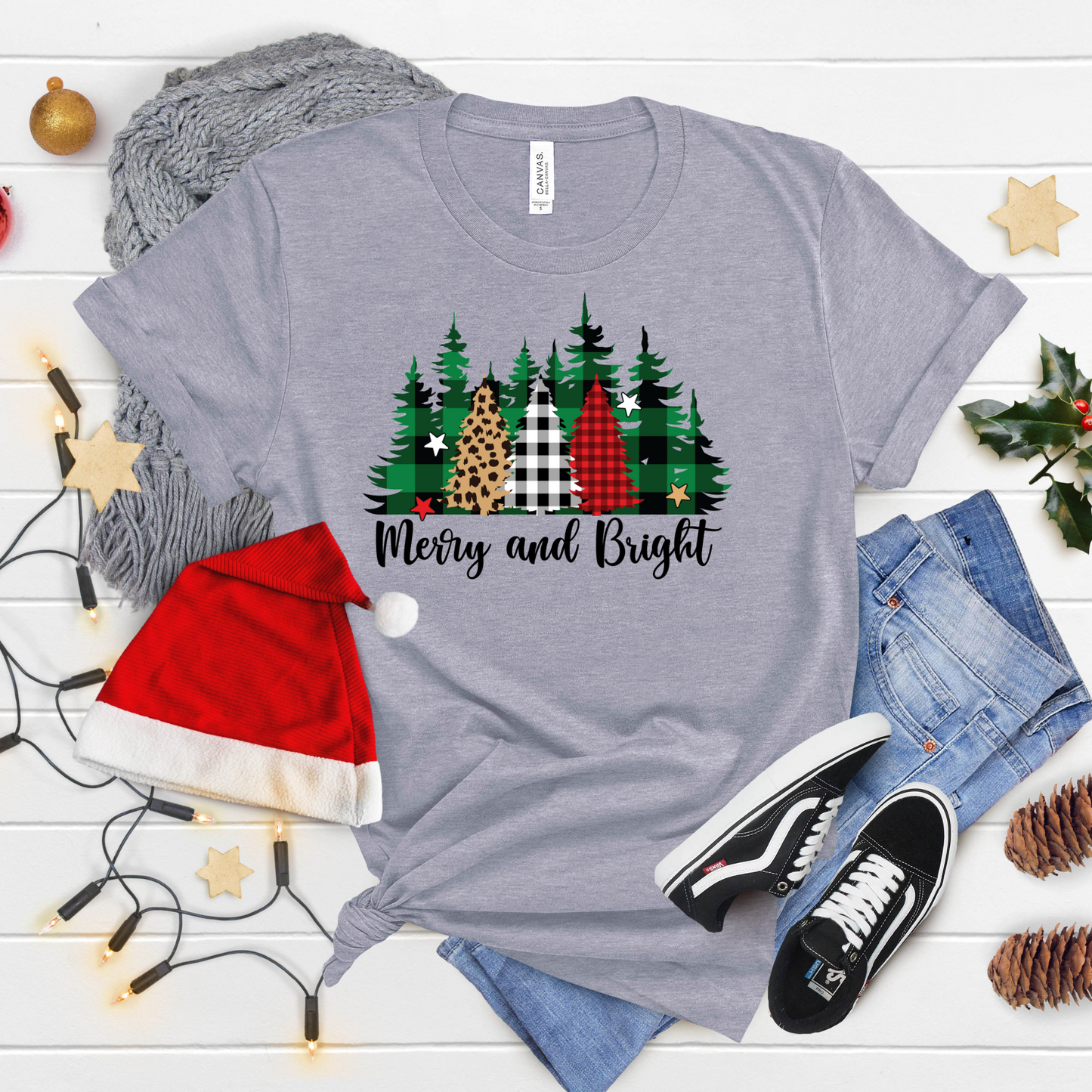 Merry & Bright Trees T-Shirt – Christmas Short Sleeve Graphic Tee
