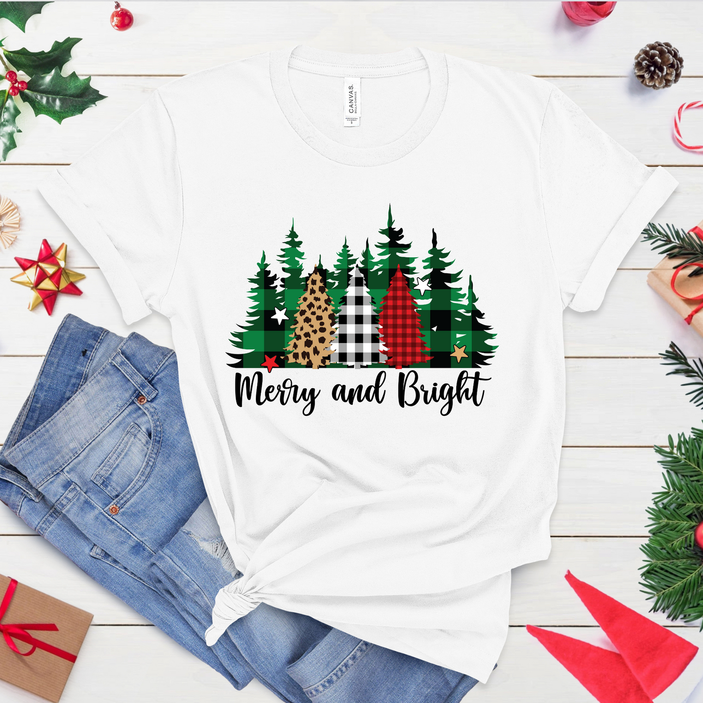 Merry & Bright Trees T-Shirt – Christmas Short Sleeve Graphic Tee