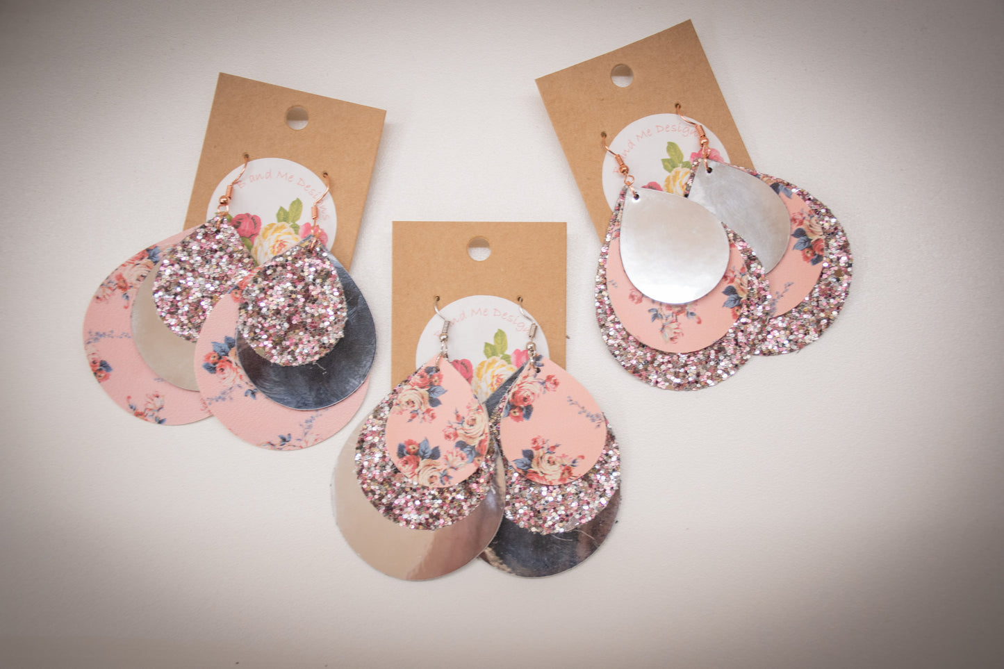 Faux Leather Earring Pink Floral, Pink Glitter & Solid Silver Teardrop Design