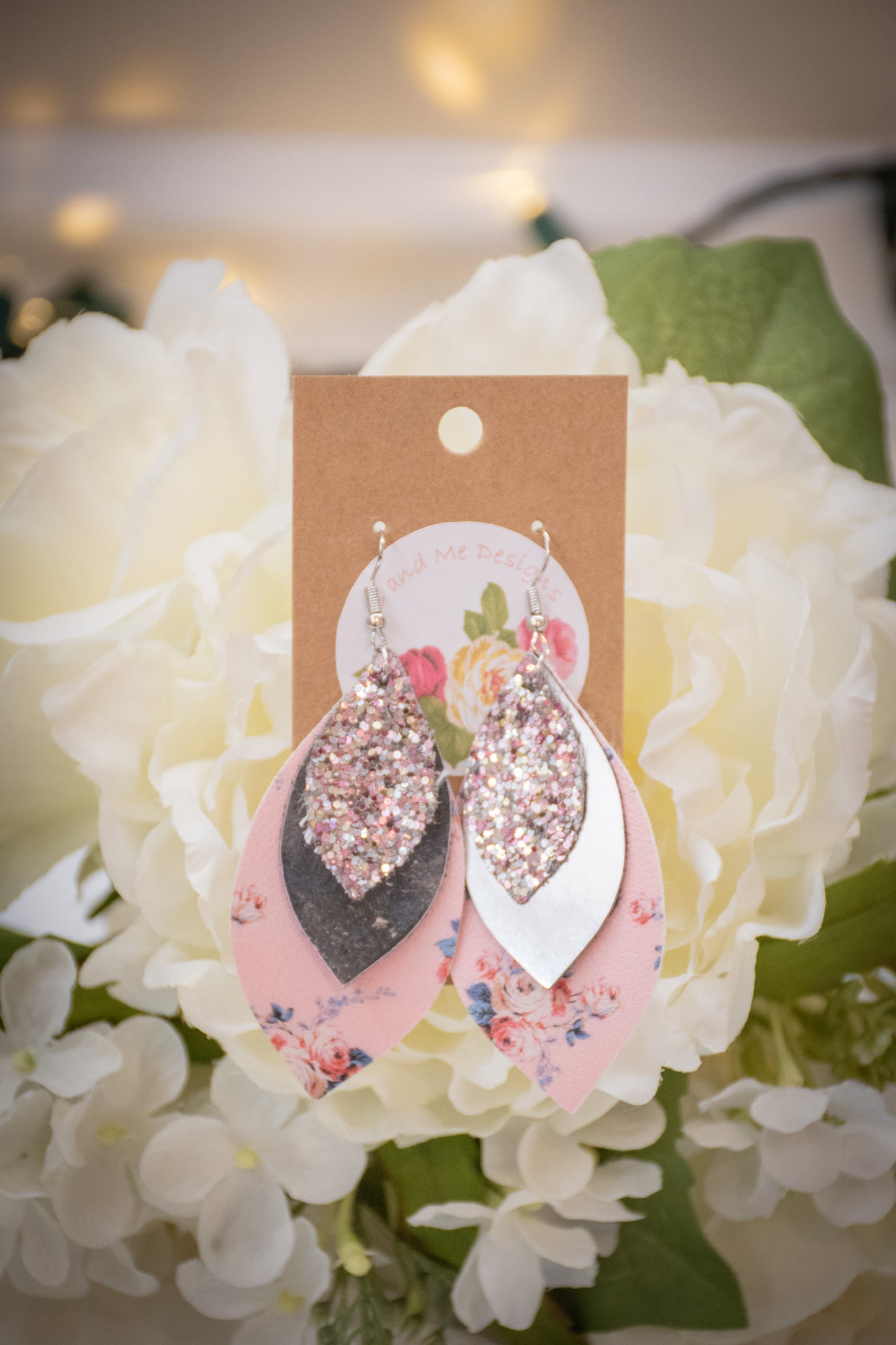 Faux Leather Earring Pink Floral, Pink Glitter & Solid Silver Leaf