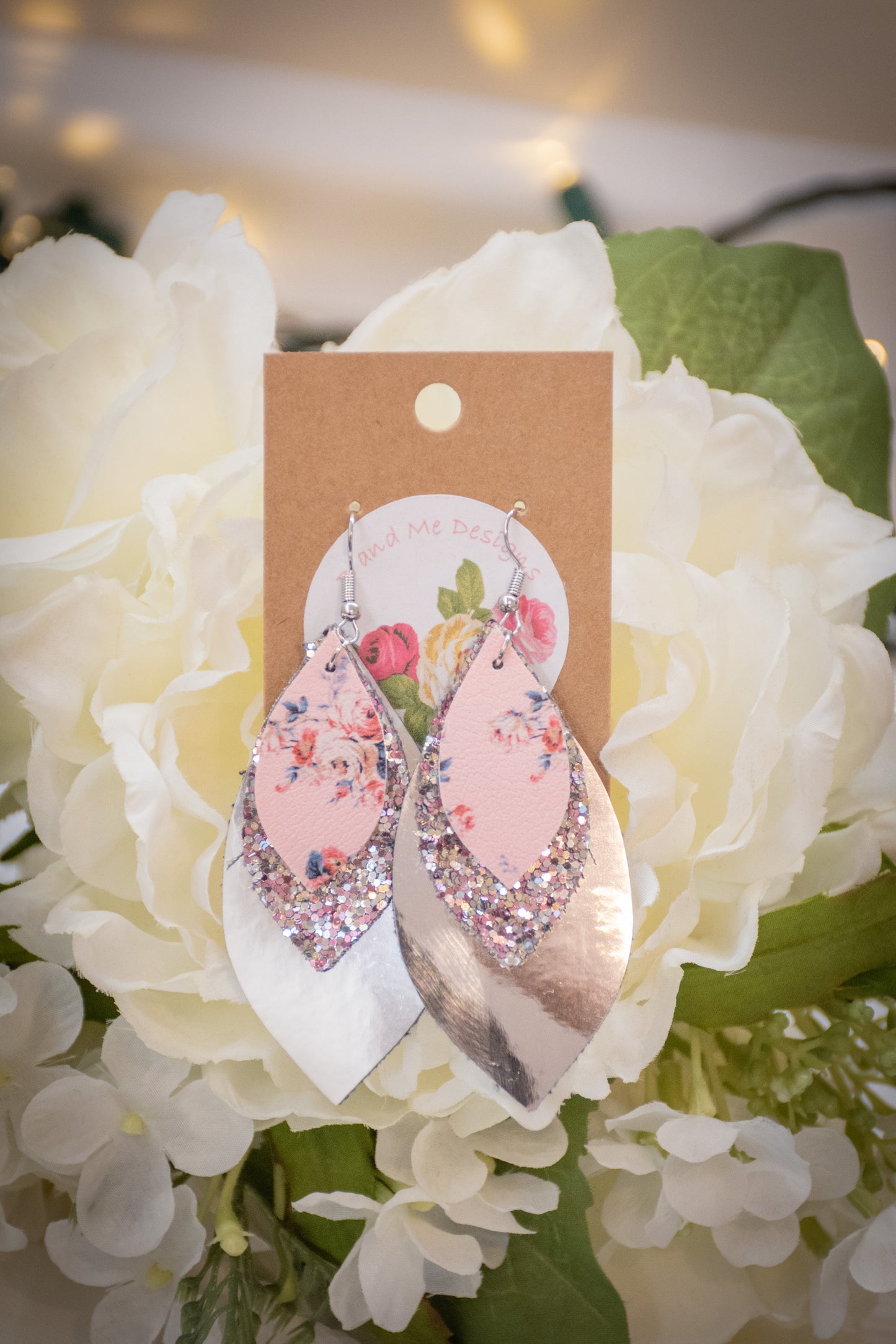 Faux Leather Earring Pink Floral, Pink Glitter & Solid Silver Leaf