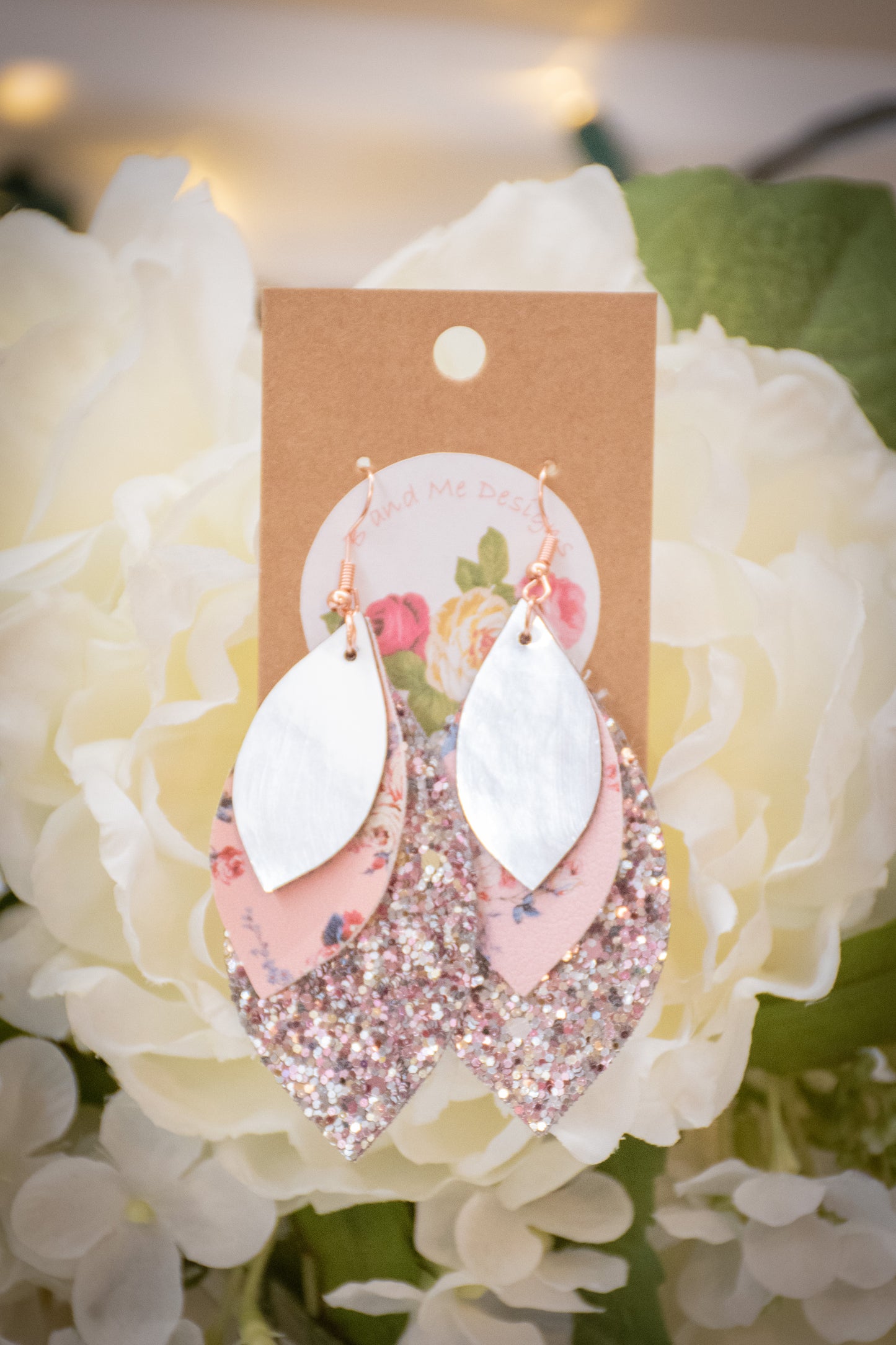 Faux Leather Earring Pink Floral, Pink Glitter & Solid Silver Leaf
