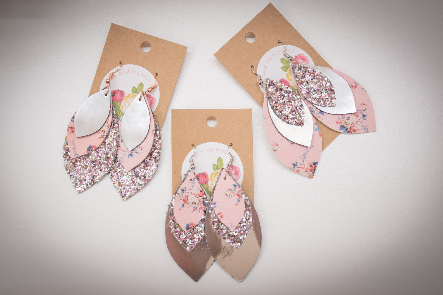Faux Leather Earring Pink Floral, Pink Glitter & Solid Silver Leaf