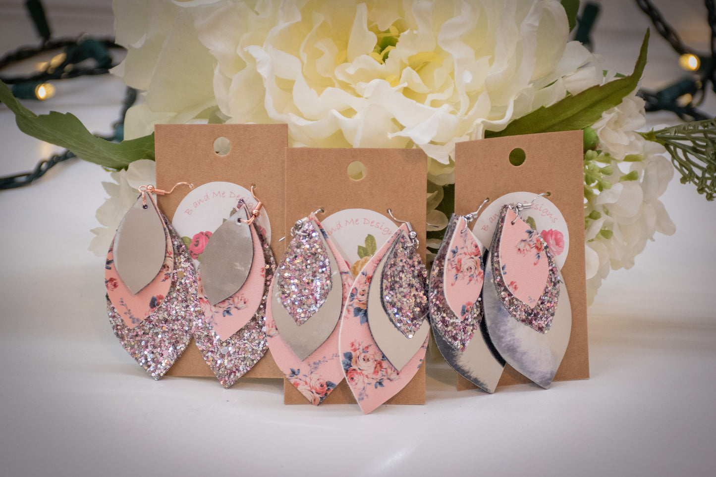 Faux Leather Earring Pink Floral, Pink Glitter & Solid Silver Leaf