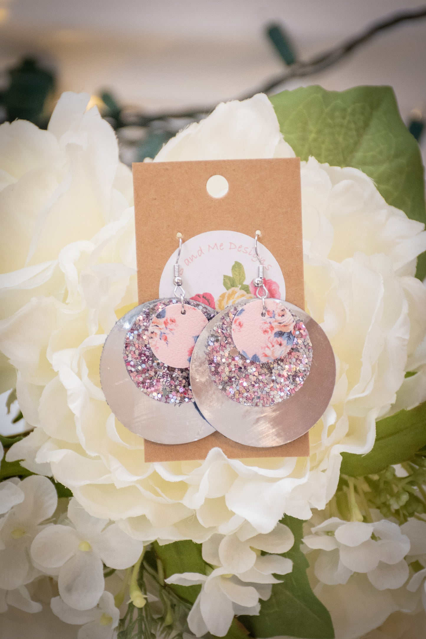 Faux Leather Earring Pink Floral, Pink Glitter & Solid Silver Circle Design
