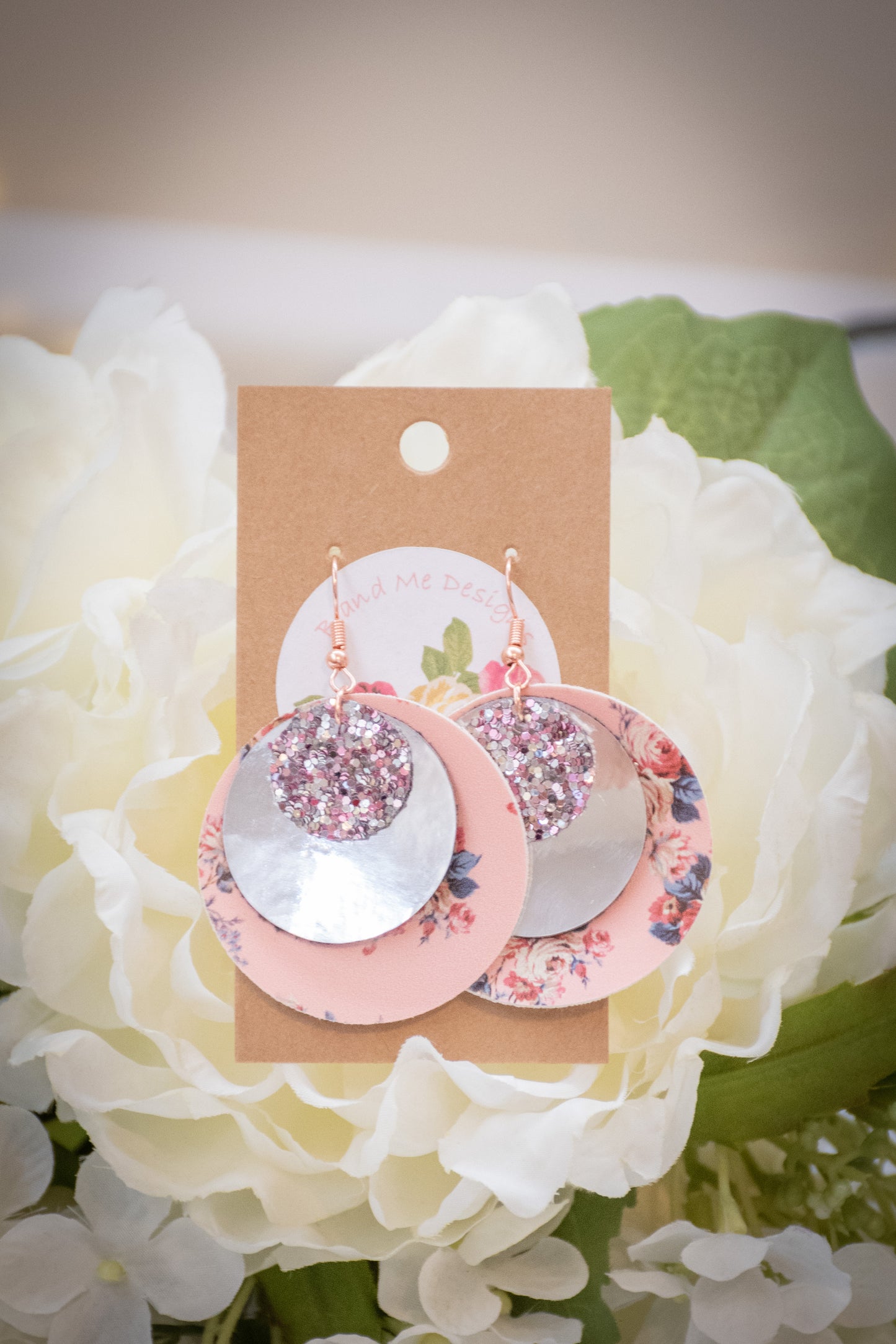 Faux Leather Earring Pink Floral, Pink Glitter & Solid Silver Circle Design