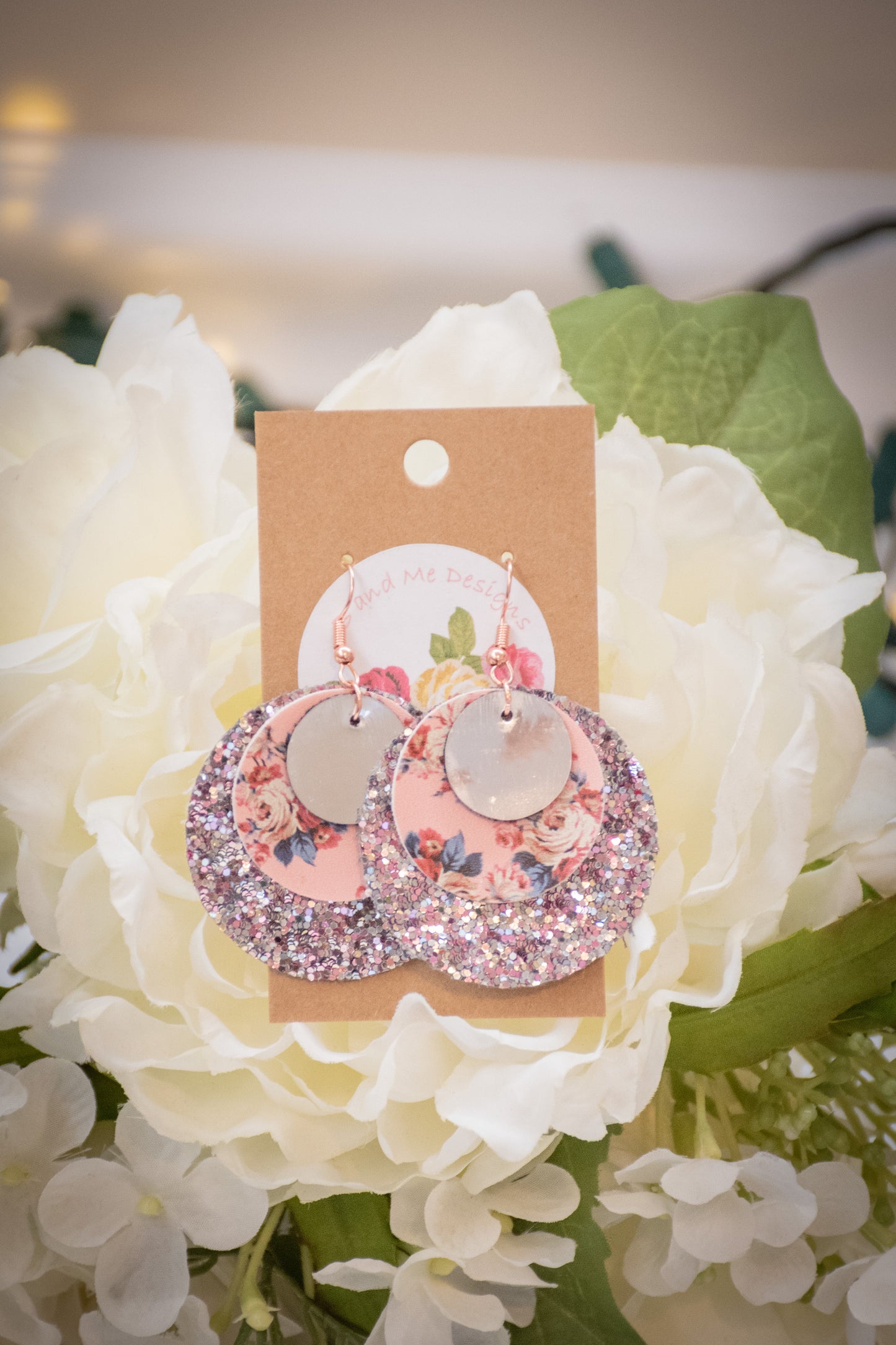 Faux Leather Earring Pink Floral, Pink Glitter & Solid Silver Circle Design