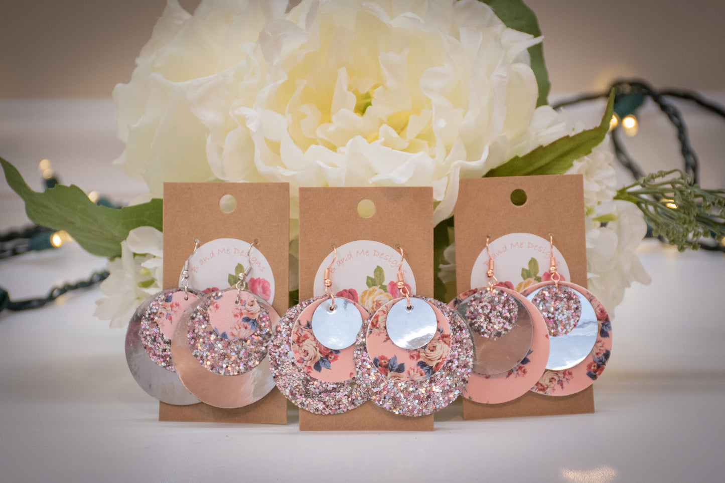 Faux Leather Earring Pink Floral, Pink Glitter & Solid Silver Circle Design