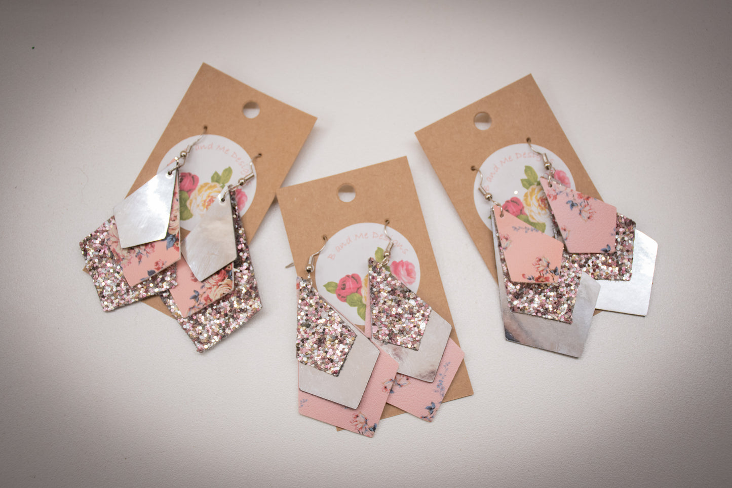 Faux Leather Earring Pink Floral, Pink Glitter & Solid Silver Diamond Design