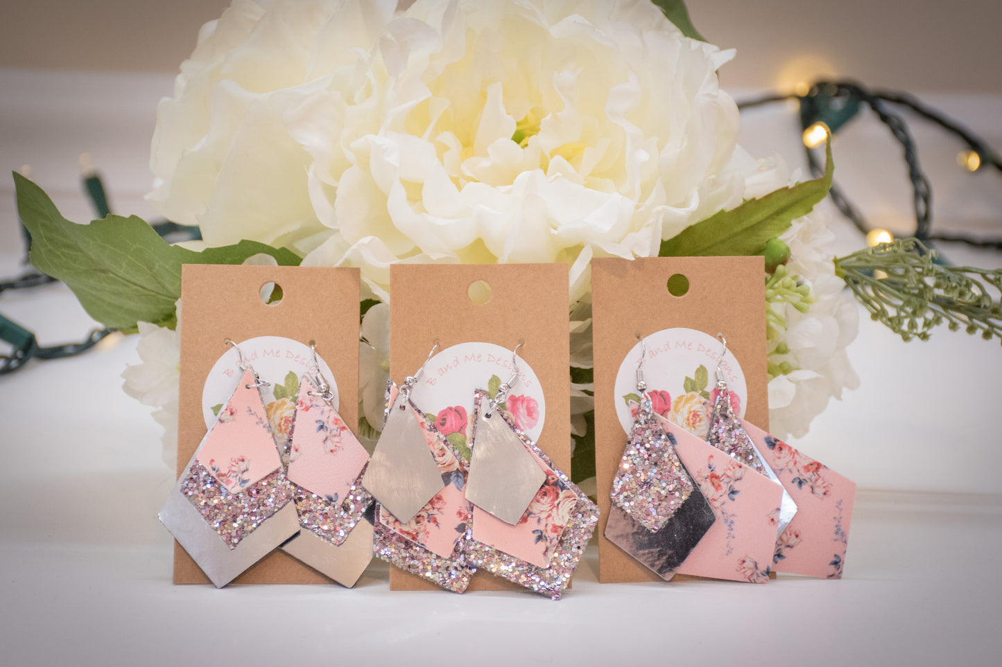 Faux Leather Earring Pink Floral, Pink Glitter & Solid Silver Diamond Design