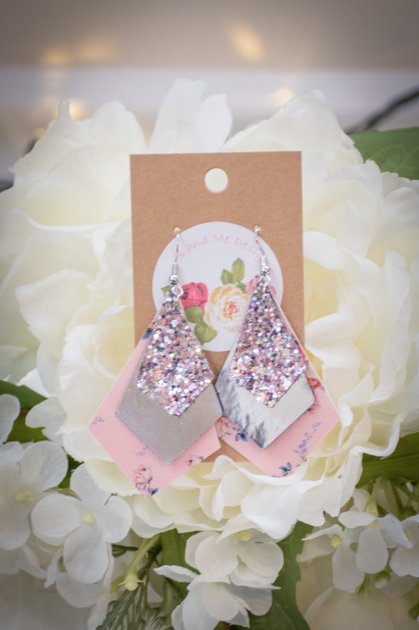 Faux Leather Earring Pink Floral, Pink Glitter & Solid Silver Diamond Design