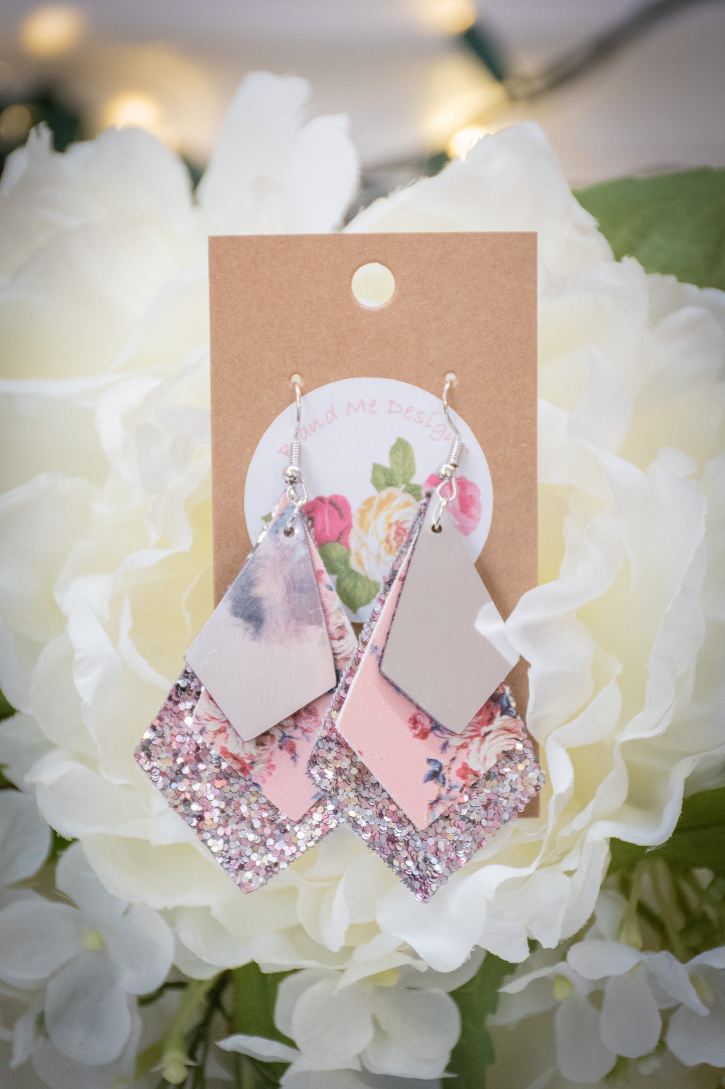 Faux Leather Earring Pink Floral, Pink Glitter & Solid Silver Diamond Design