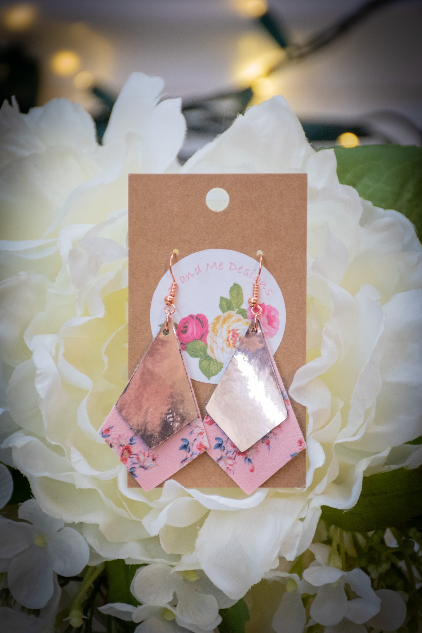Faux Leather Earring Pink Floral & Solid Pink Diamond Design